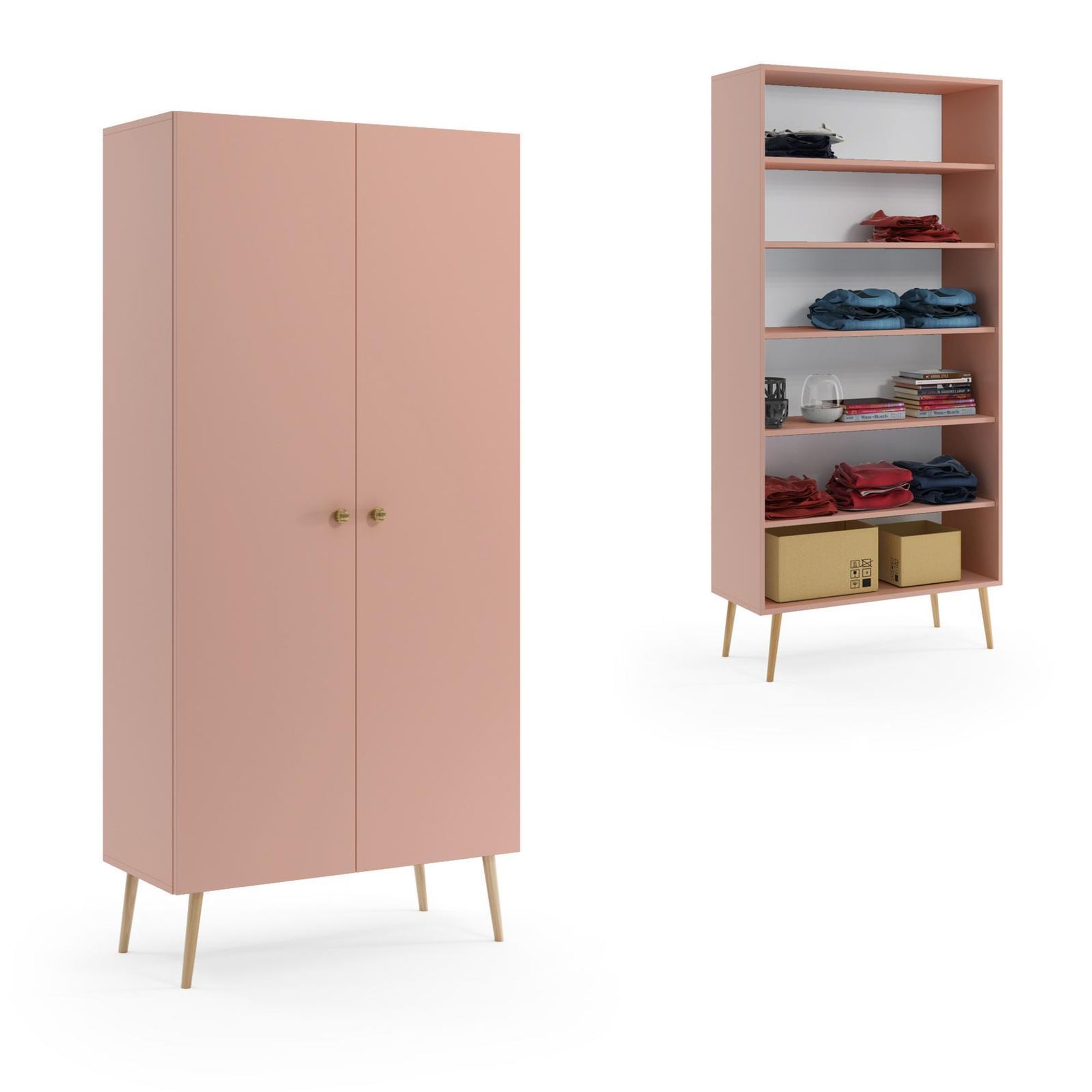 BETTSO Kleiderschrank IKON 2-türiger – Rosa – 87x212 cm – Skandinavischer Stil – Jutegriffe – 5 Regale für Wohnzimmer und Schlafzimmer