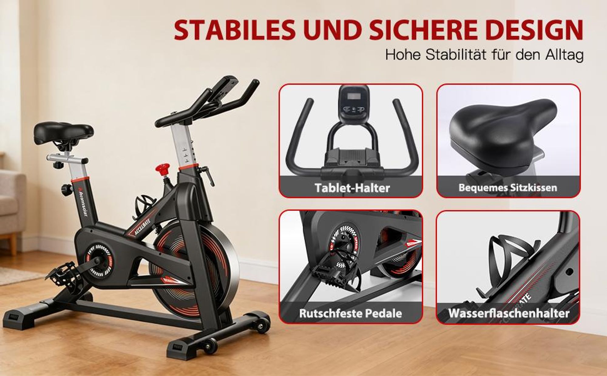 Heimtrainer Fahrrad mit App, Advamsoler Leises Ergometer Hometrainer Fahrrad mit LCD-Monitor & Tablet-Halter, Indoor Bike für Kardiotraining zu Hause