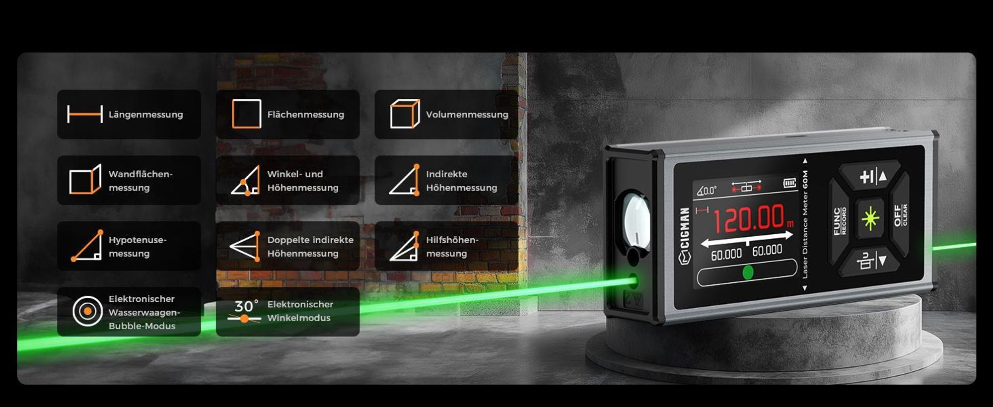 Laser Entfernungsmesser Bilaterales Grün, CIGMAN 120m/390Ft Multifunktionales Lasermessgerät mit LCD-Display, Magnetische Anziehungsfunktion,Winkelsen