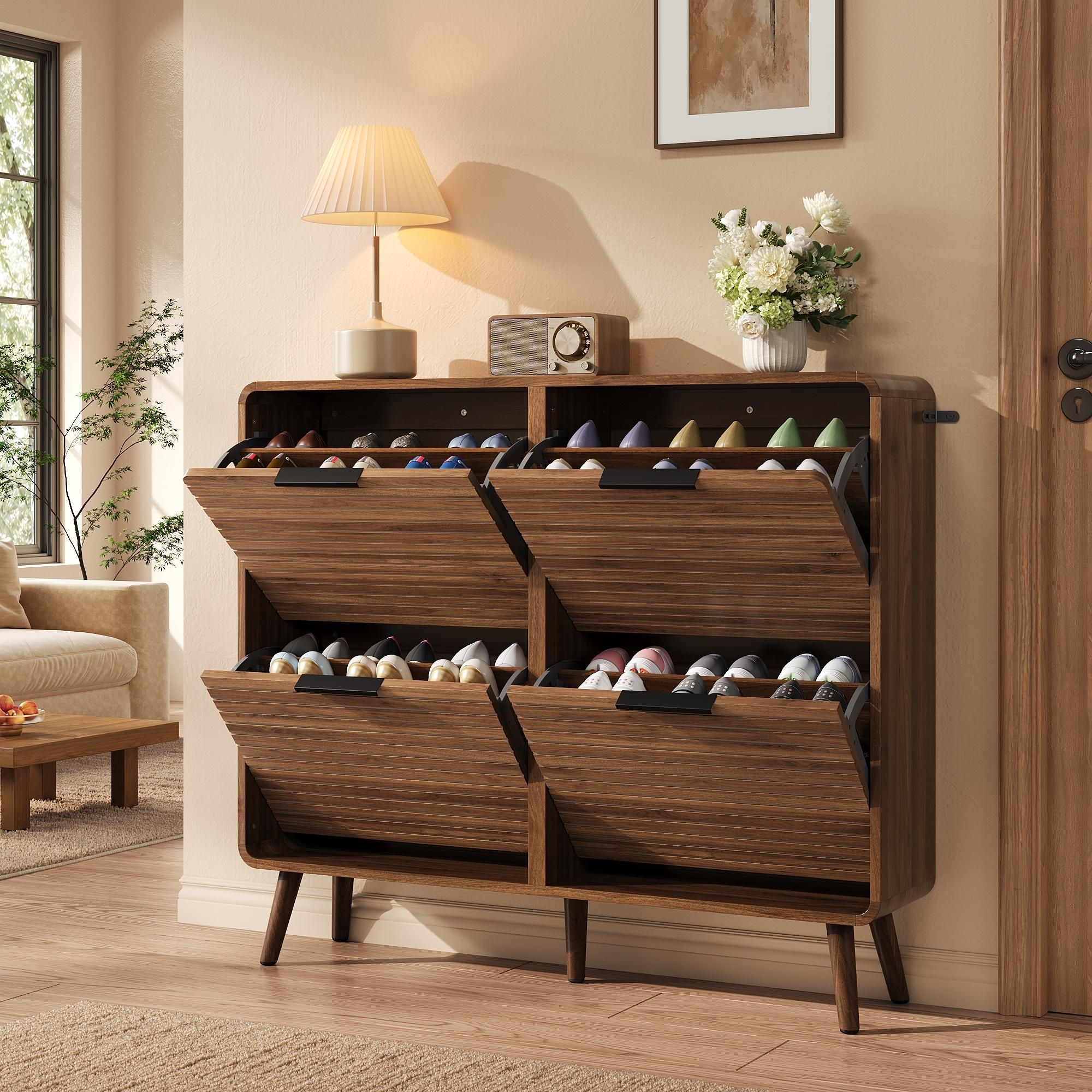 Merax Schuhschrank Schuhkipper mit 4 Klappen, Schuhaufbewahrung für 18–24 Paar Schuhe, Moderner Schuhregal mit Lamellendesign, MDF, Nussbaum