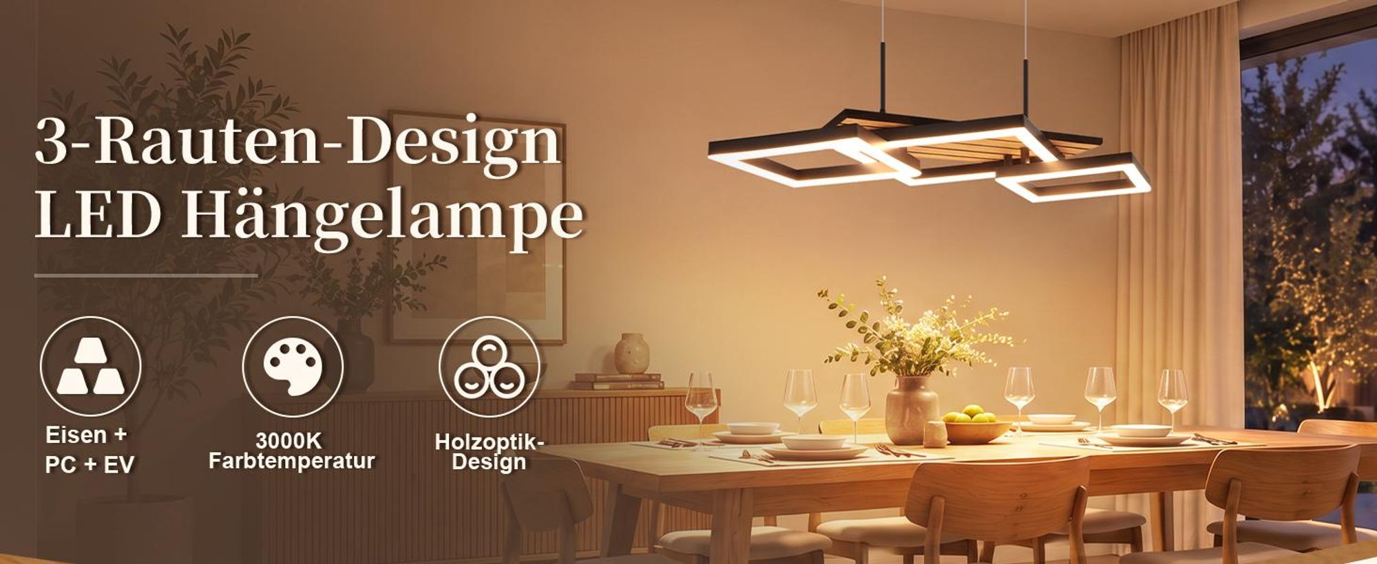 Suspension ZMH pour salle à manger, lampe pendante noire avec LED, 3 abat-jour, design bois, 58 cm, réglable en hauteur. Lampe pour table à manger, idéale pour la cuisine