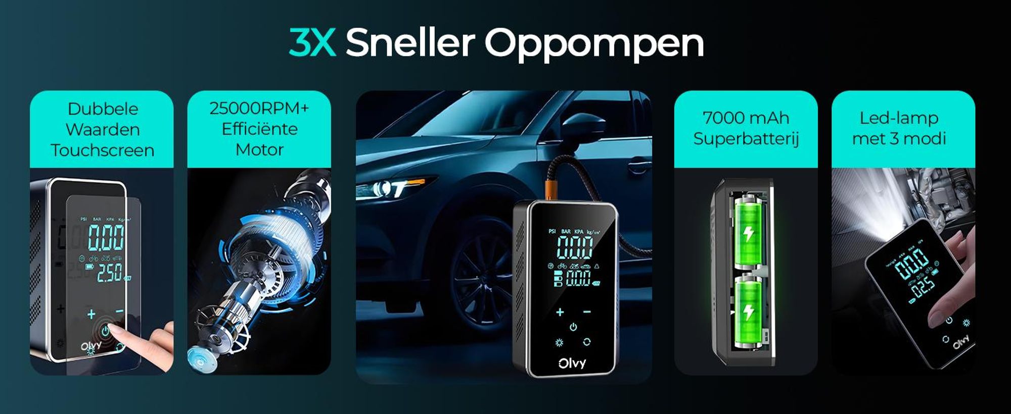 Olvy Luchtdrukpomp, Mini-bandenpomp, 7000mAh, Elektrische compressor, fietspomp, elektrische luchtpomp, mini-compressor, geschikt voor auto, fiets, ballen, en ook als powerbank