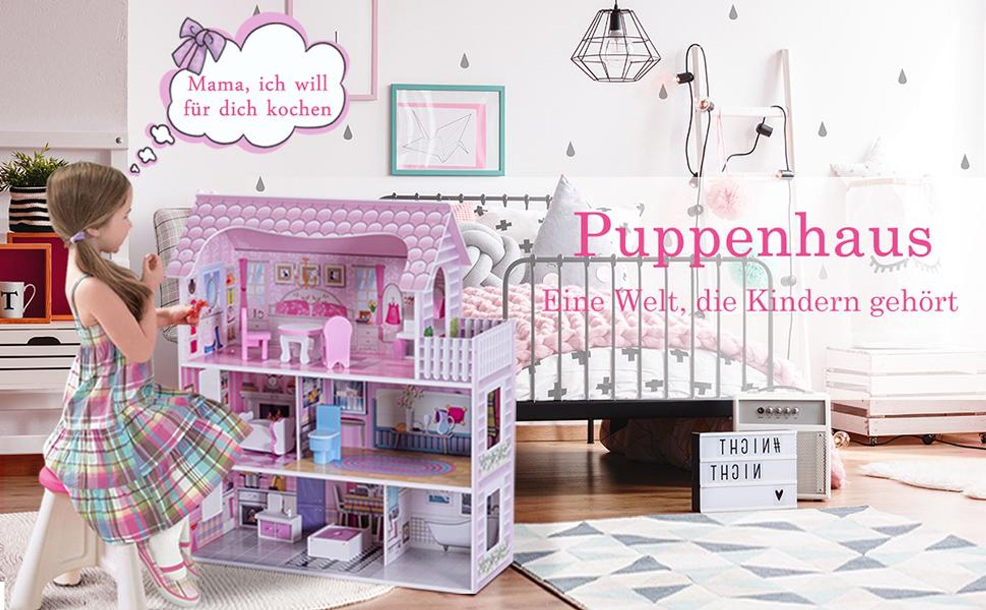 COSTWAY Puppenhaus aus Holz, Puppenstube mit Möbeln und Zubehör, Puppenvilla 3 Etagen, Dollhouse Spielzeug für Mädchen