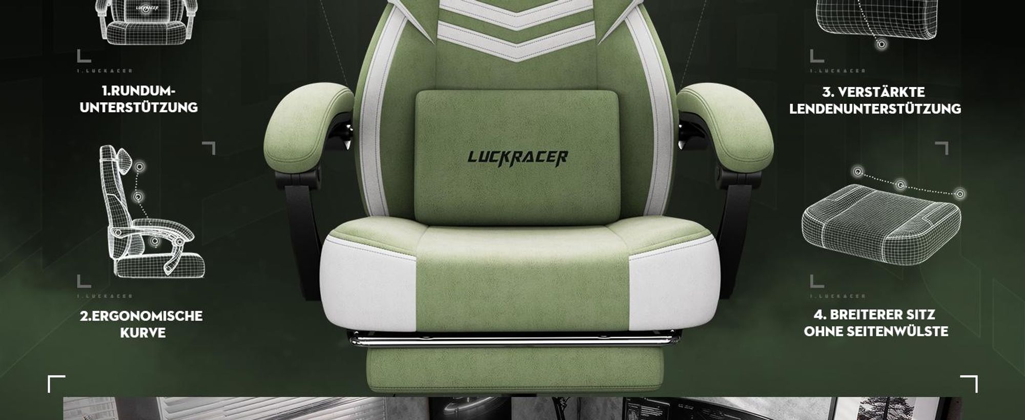 LUCKRACER Gaming Stuhl, Bürostuhl mit verbundenen Armlehnen, Memory-Schaum-Kissen, 90–155° Neigungswinkel und Fußstütze, strapazierfähigem Funktionsge