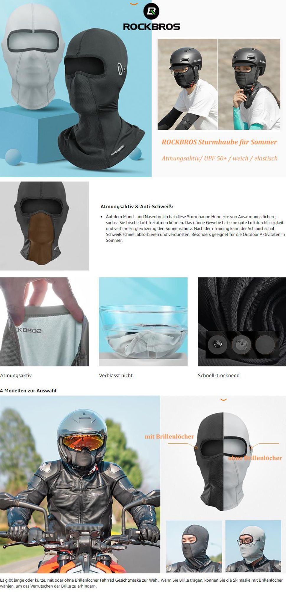 ROCKBROS Sturmhaube Atmungsaktiv Sturmmaske UPF 50+ Multifunktionstuch Elastisch Halstuch für Radsport Damen Herren Grau