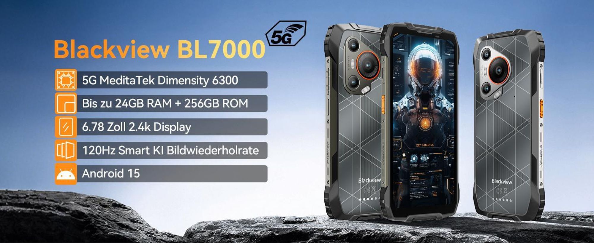 Blackview BL7000 5G Outdoor Handy 2025, 24GB+256GB/2TB Smartphone Ohne Vertrag, 6.78"FHD+,7500mAh,IP69K Wasserdicht,120Hz, Baustellenhandy,50MP+32MP