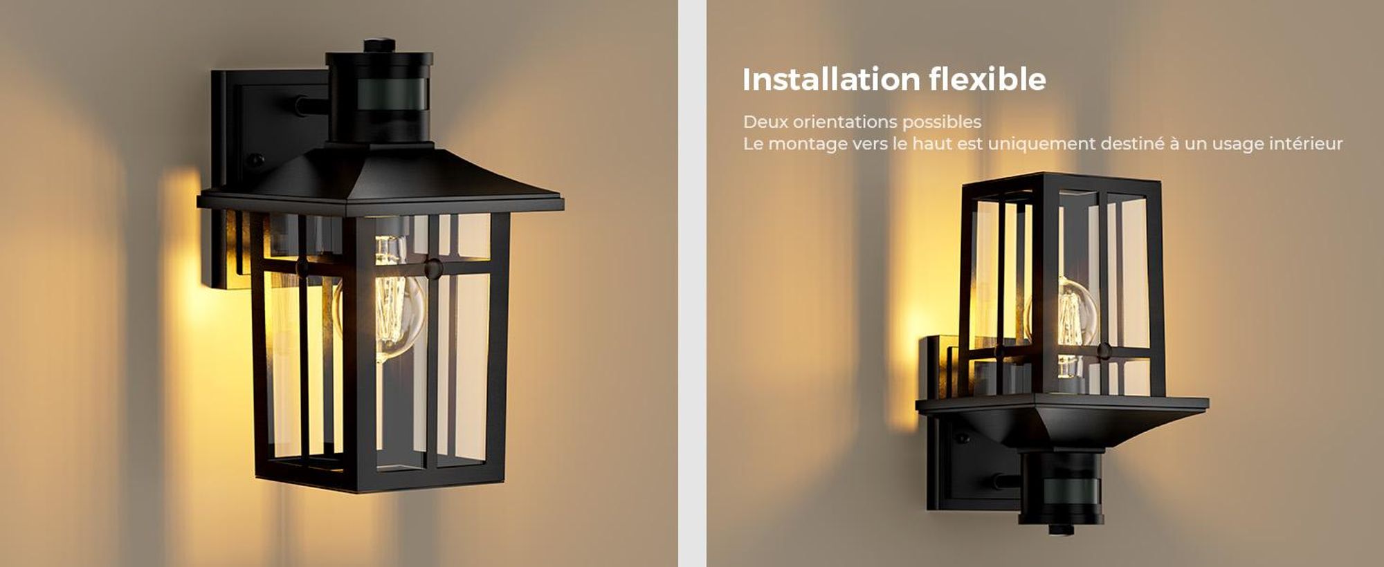 S'AFIELINA lampe d'extérieur avec détecteur de mouvement, IP44, E27 lampe murale pour terrasse, mur de maison, lampe d'extérieur noir, 1 pièce