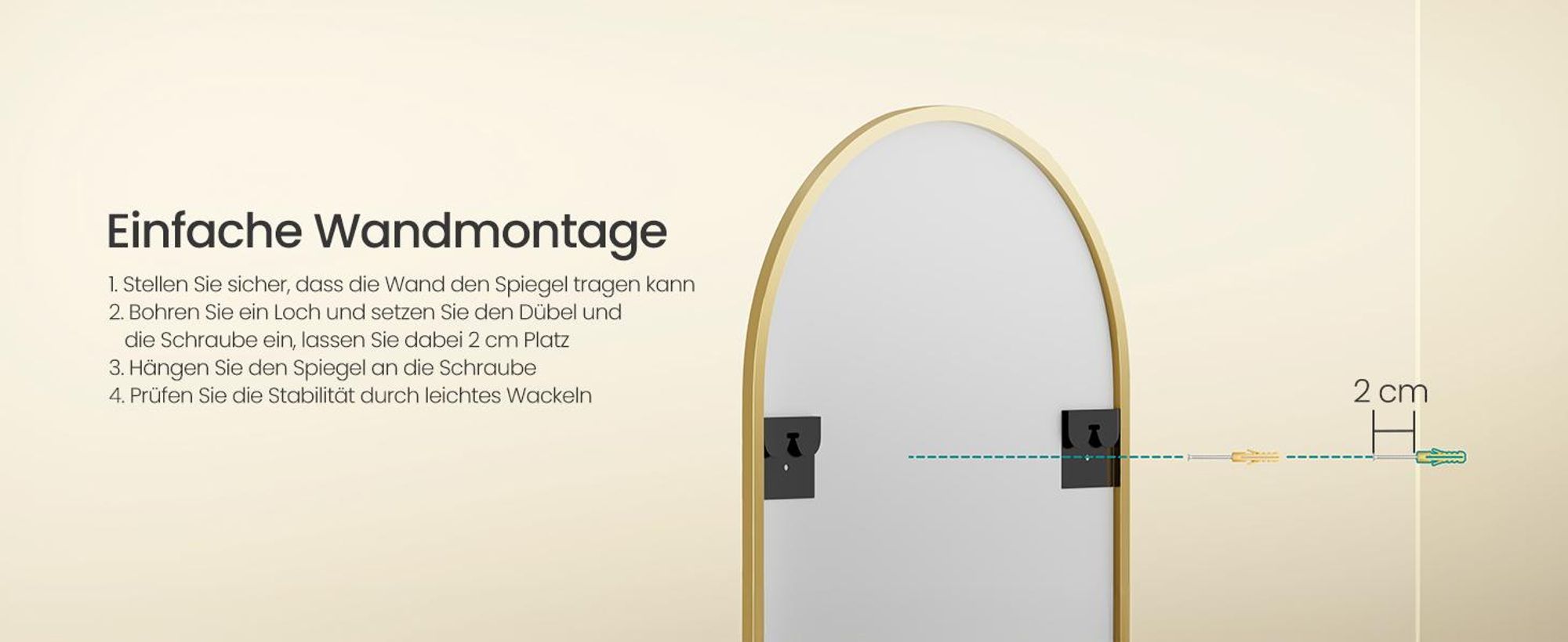 SONGMICS Ganzkörperspiegel mit Vergrößerungsspiegel, Sicherheitsglas, gewölbt, 160 x 50 cm, gold