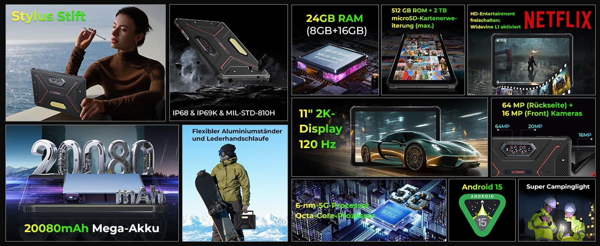 HOTWAV R9 Ultra 5G Outdoor Tablet, 20080mAh Wasserdicht Tablet, Android 15, 11" 2K FHD+ Rugged Tablets 24GB+512GB,64MP IP68/ Dual SIM/5G WiFi/GPS/OTG