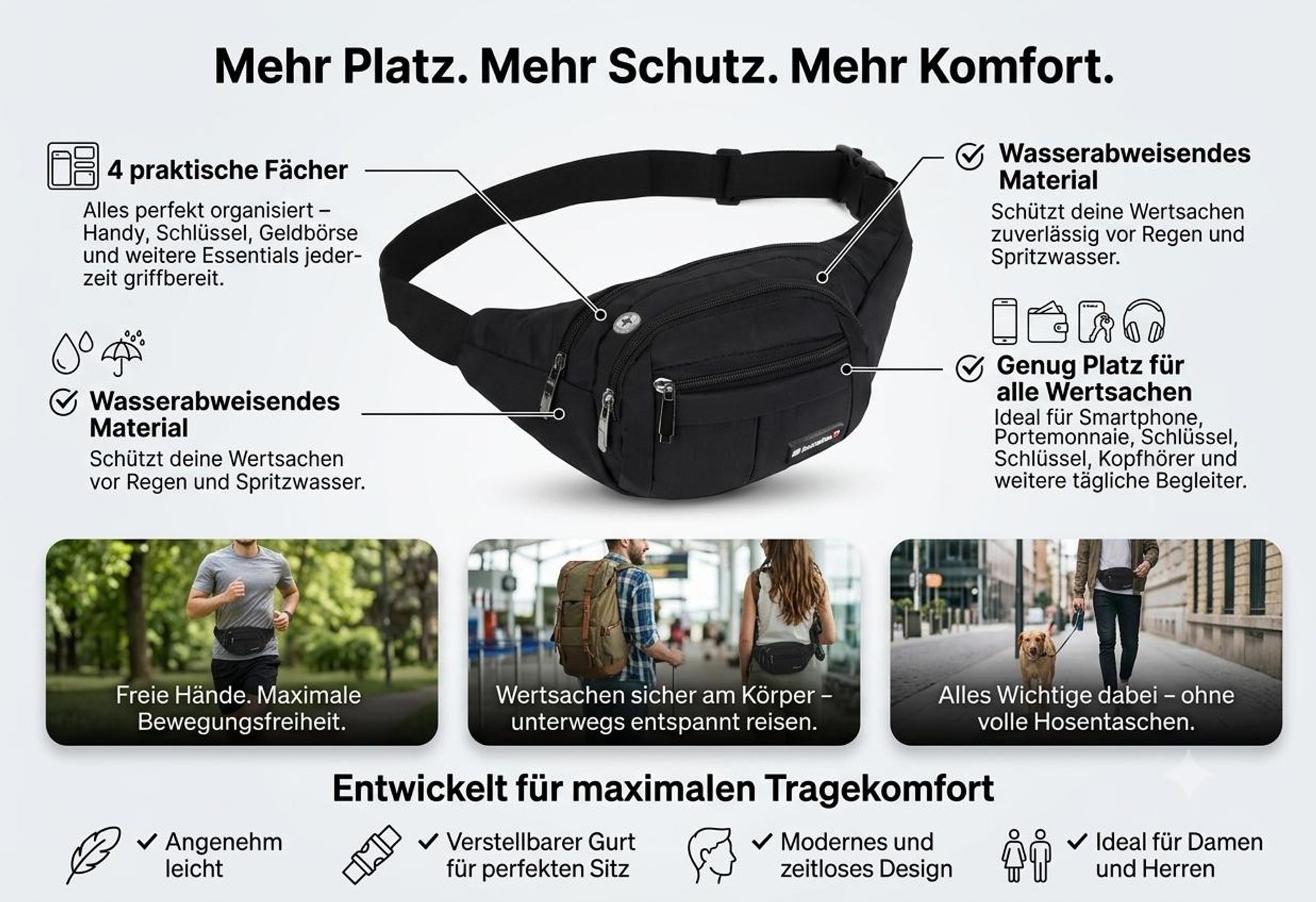 Gürteltasche Hüfttasche Bauchtasche Bodybag Umhängetasche Crossbag leicht