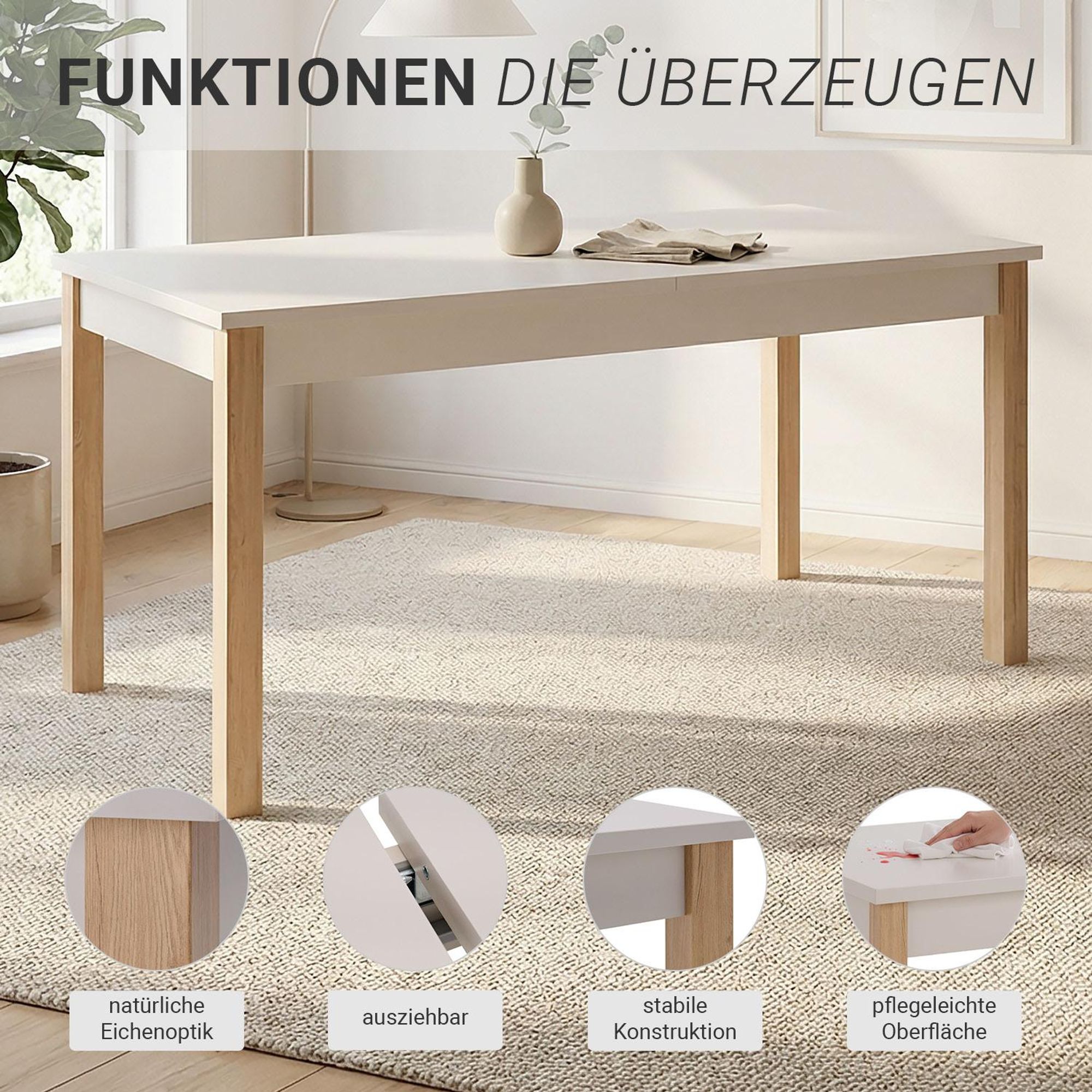 Das Bild zeigt die Funktionen des Tisches (natürliche Eichenoptik, ausziehbar, pflegeleicht).
