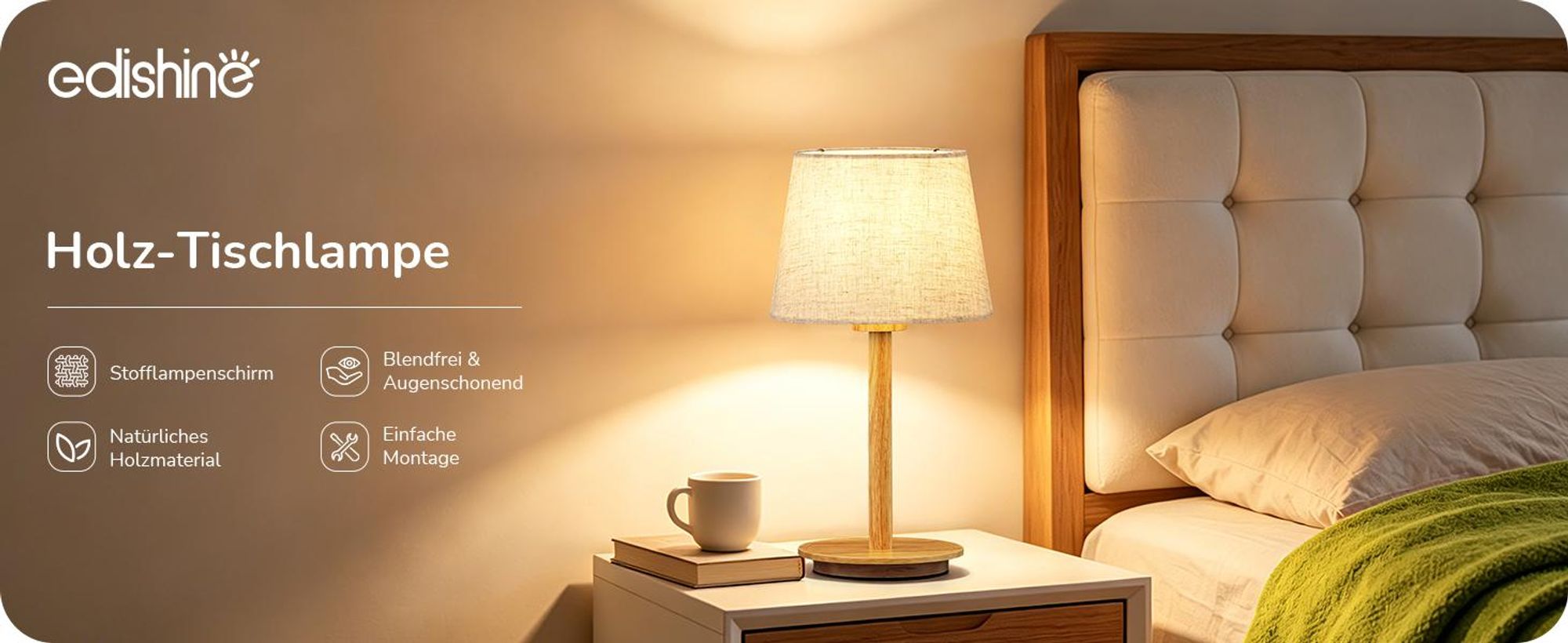 EDISHINE Nachttischlampe mit Massivholzsockel, Leinen-Lampenschirm, 2700K Warmweiß, LED Tischlampe mit E27 Fassung für Schlafzimmer, Wohnzimmer