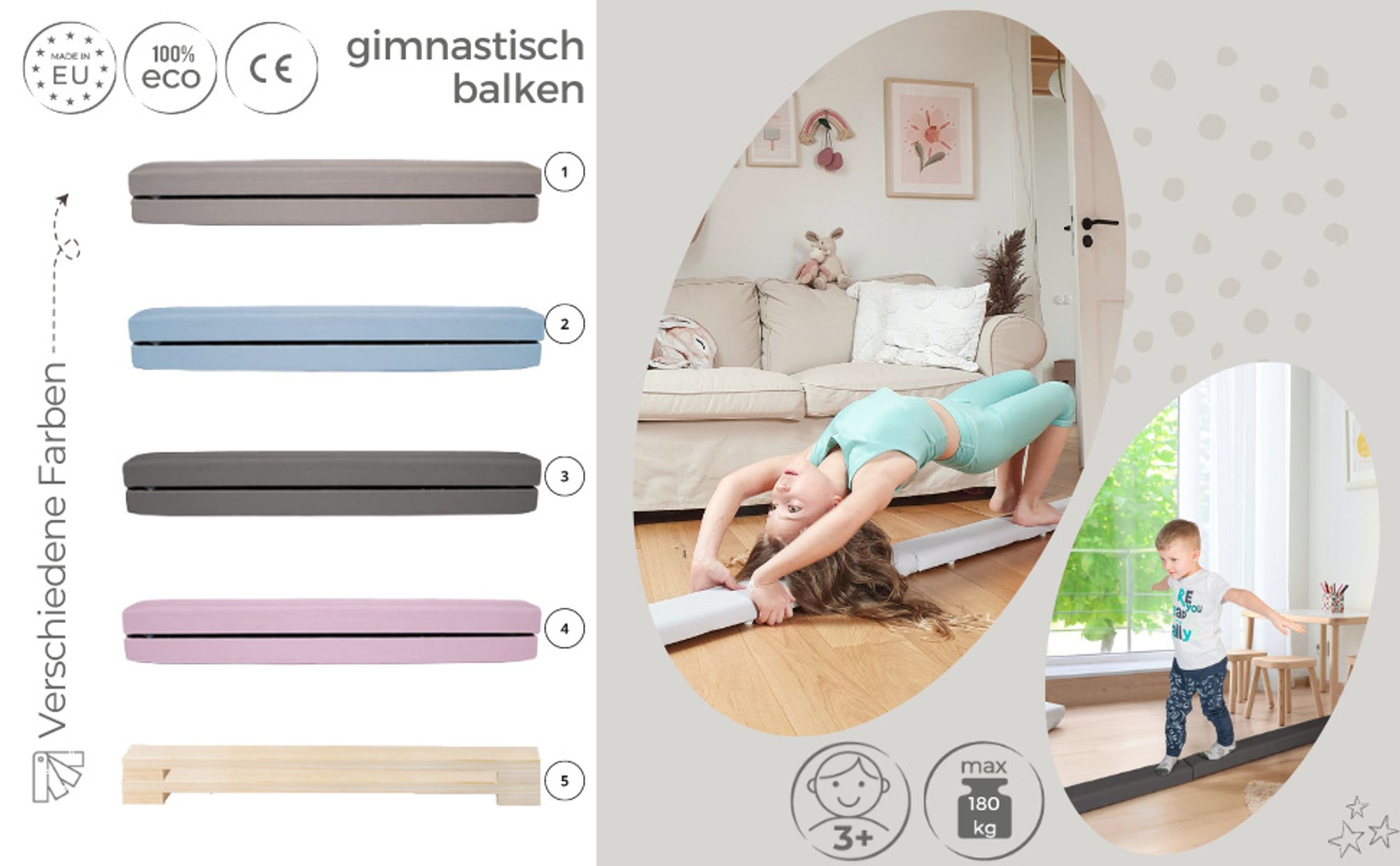 MAMOI® Schwebebalken für zuhause, Balancierbalken für kinder, Balken turnen klappbar, Turngeräte indoor, Balancieren und Turnbalken, Hellgrau Gymnastic bar