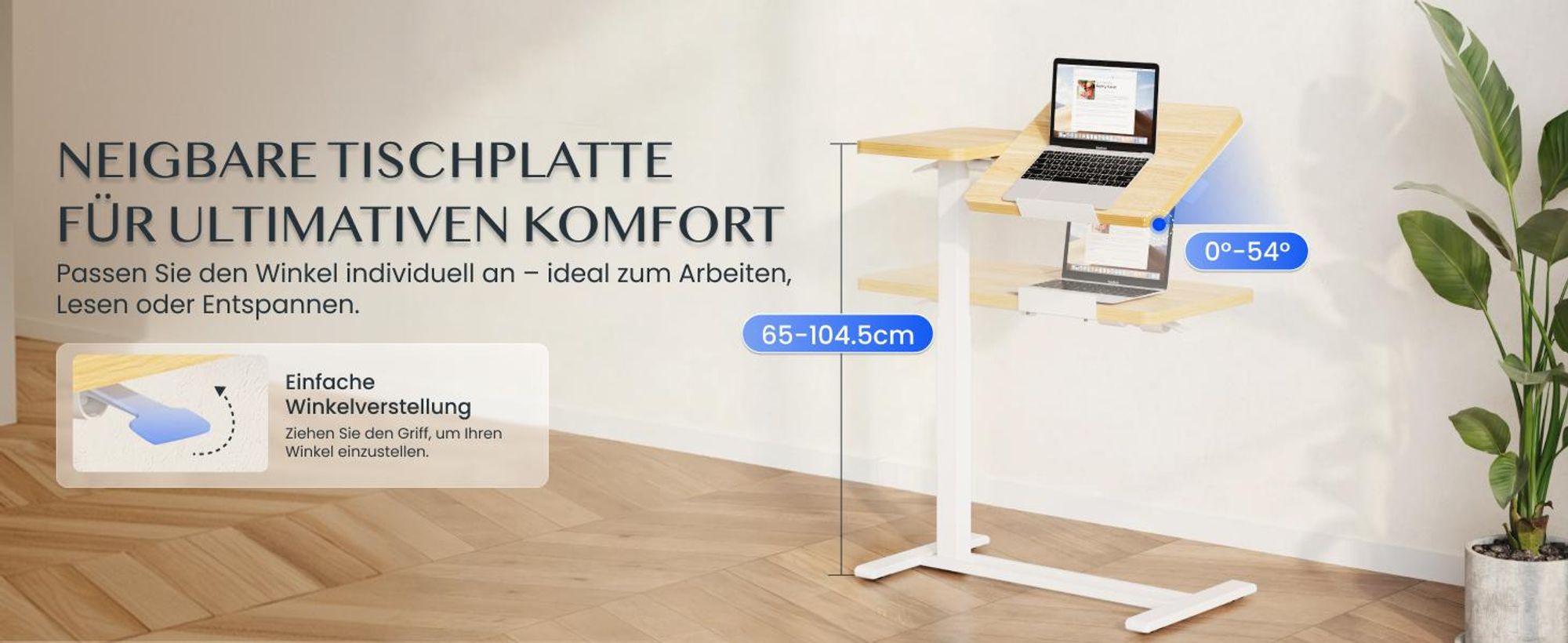 FLEXISPOT Beistelltisch Höhenverstellbar 80x40cm, Laptoptisch mit Neigbarer Desktop, Betttisch mit Rollen, für Wohnzimmer und Schlafzimmer, Ahorn
