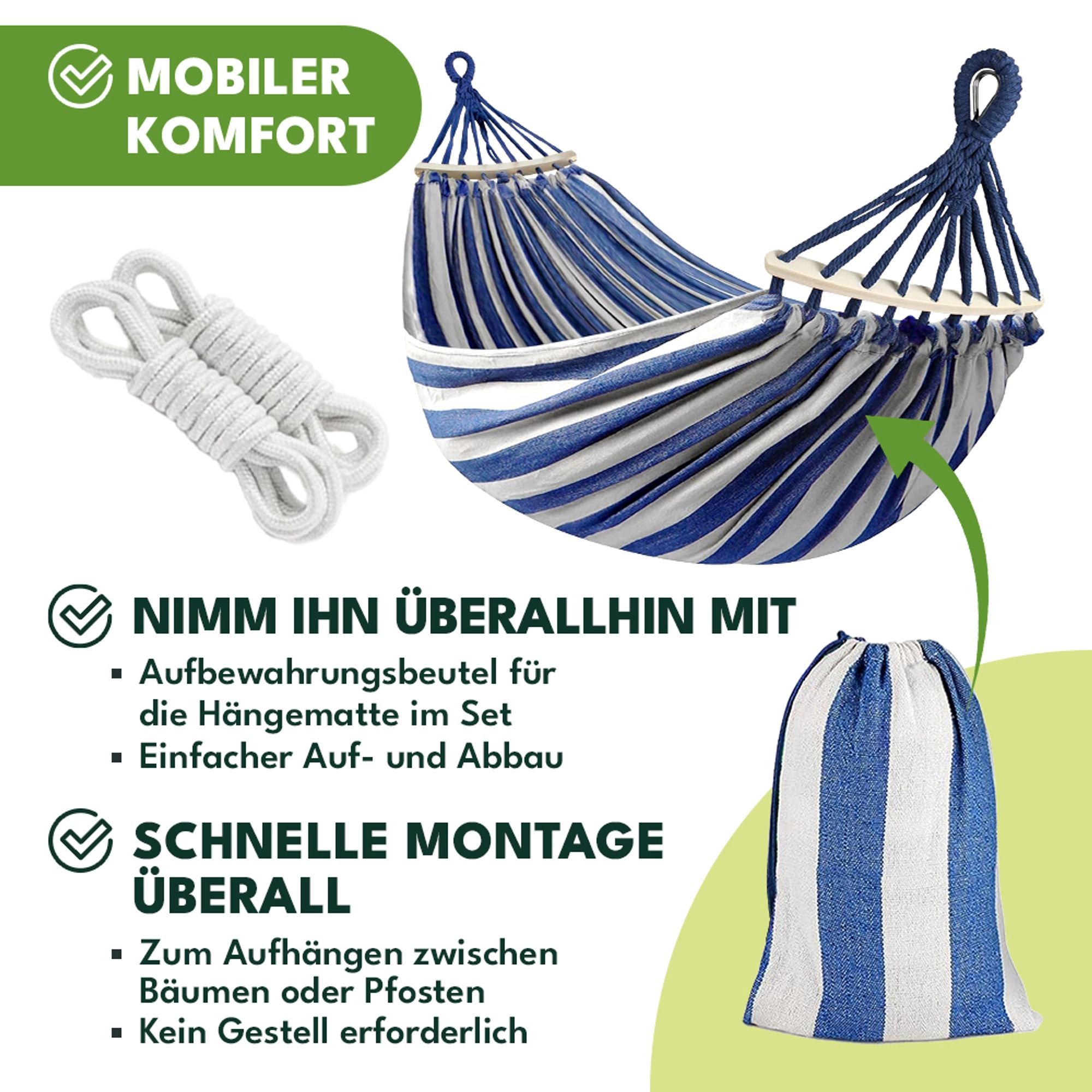 KRUMAD Hängematte 260 cm Belastbar bis 250 kg Wetterfest Baumwoll-Polyester für Garten Balkon Camping mit Holzstreben & Tragetasche