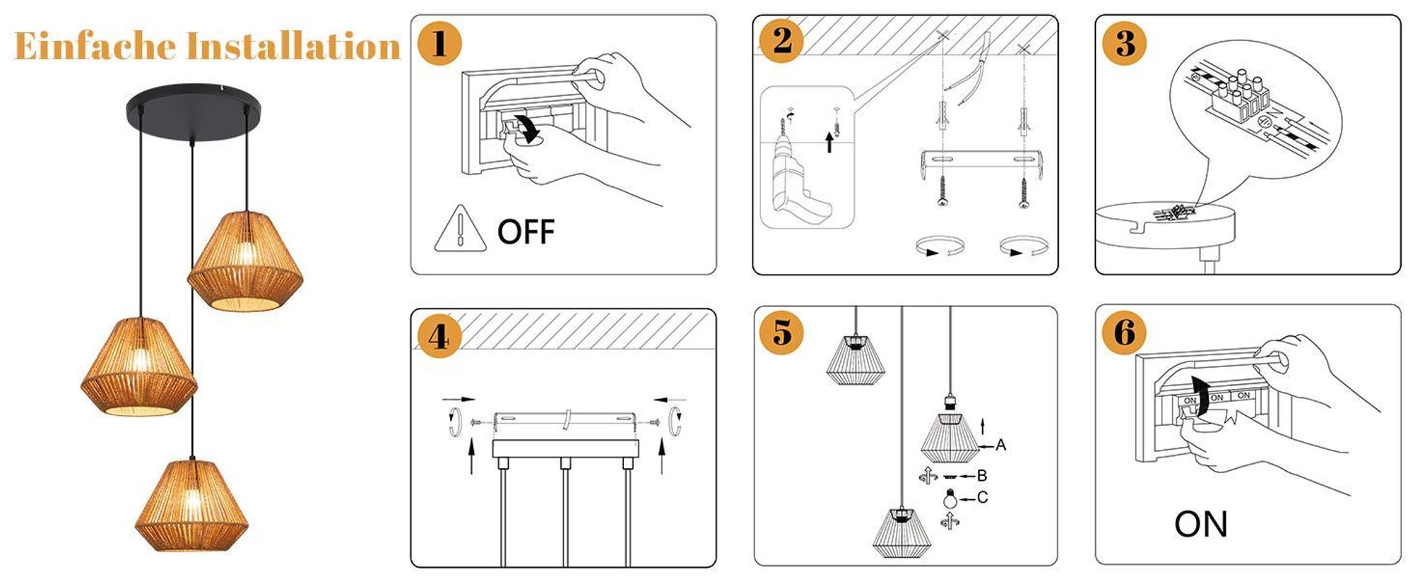 ZMH lampy wiszące boho lampa wisząca rattanowa lampa wisząca jadalnia 3 płomienie lampa stołowa retro z gniazdem E27 do salonu / bez żarówki