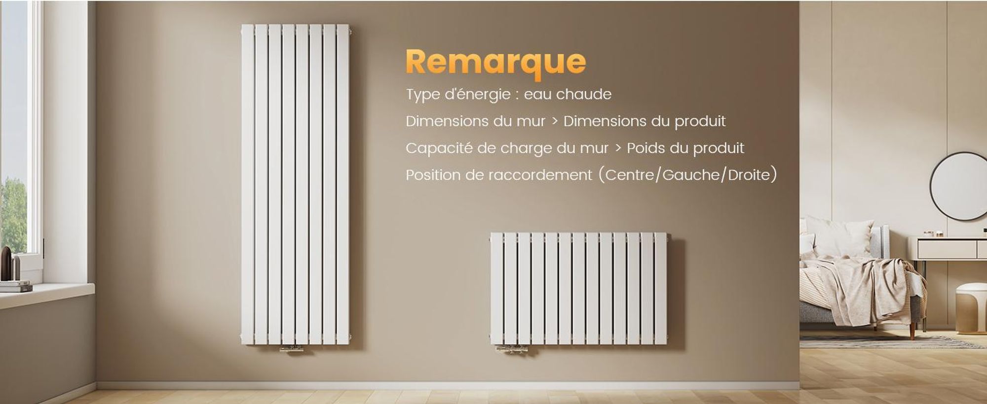 EMKE Radiateur vertical Design Panneau de chauffage 1800x540mm Blanc Plat Double couche Raccord central Chauffage, 1949W sans thermoplongeur