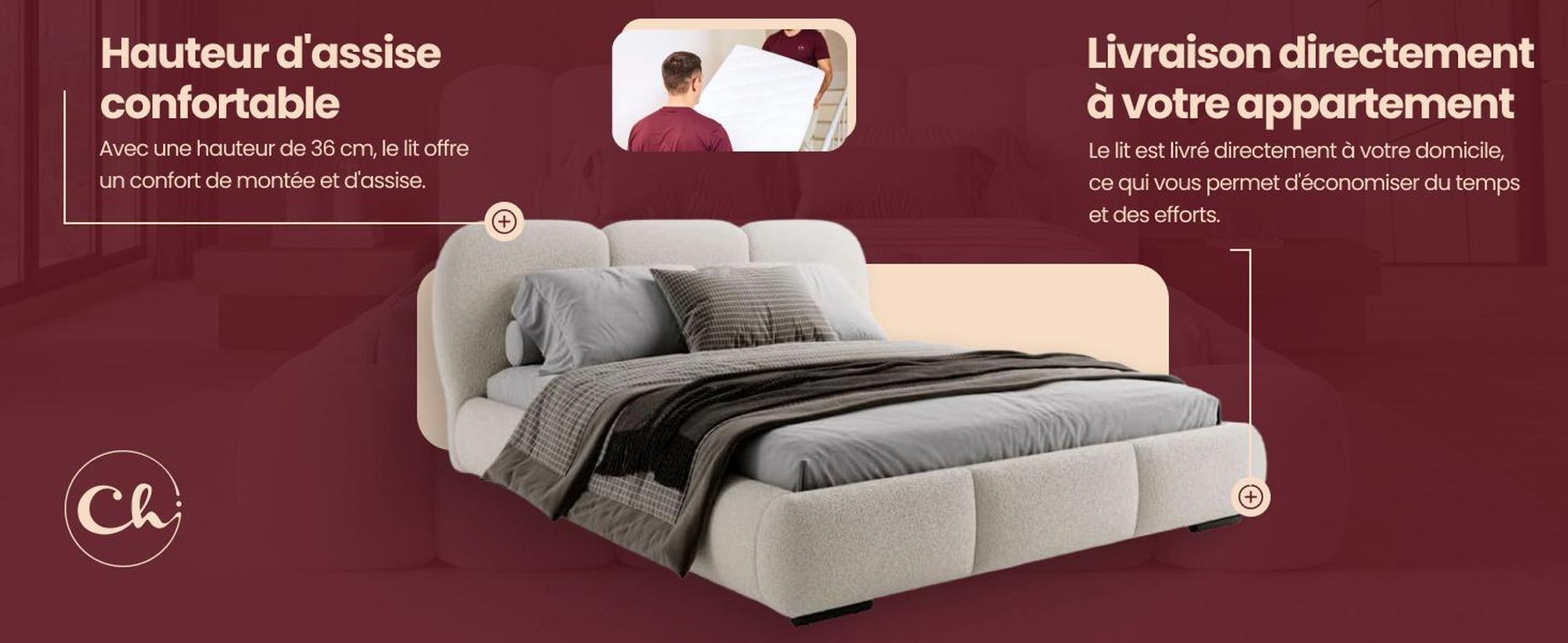 Chilly Möbel Design Lit Como - Lit rembourré avec coffre, sommier et tête de lit 180x200 cm / Bouclé / Marron