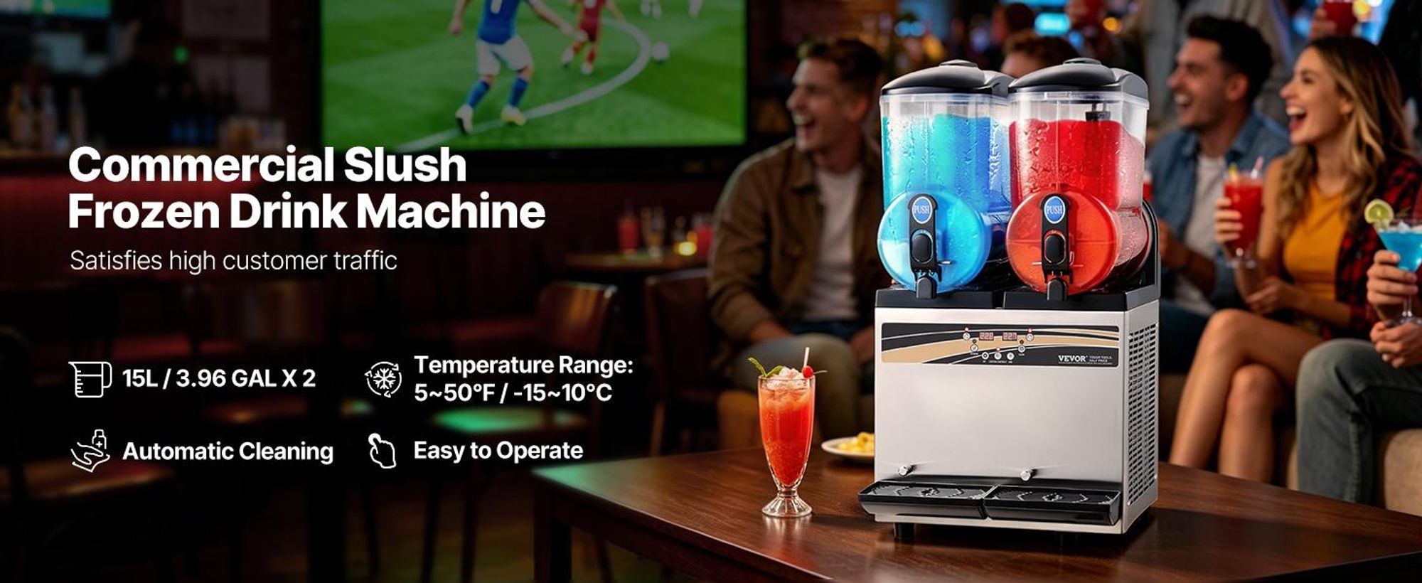 VEVOR kommerzieller Frozen Drink Maker, 15 L x 2 Slush-Maschine mit zwei Tanks, 120 Tassen Margarita-Smoothie-Maschine aus Edelstahl, Slush-Maker