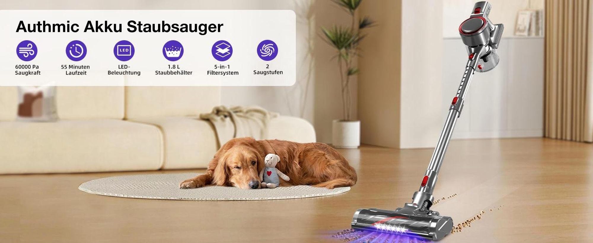 Authmic Akku Staubsauger, 60000Pa/55Min/1,8L Staubsauger Kabellos mit Display, Anti-Tangle-Bürste,Ultraleise,für Tierhaare/Teppiche/Hartböden/Auto