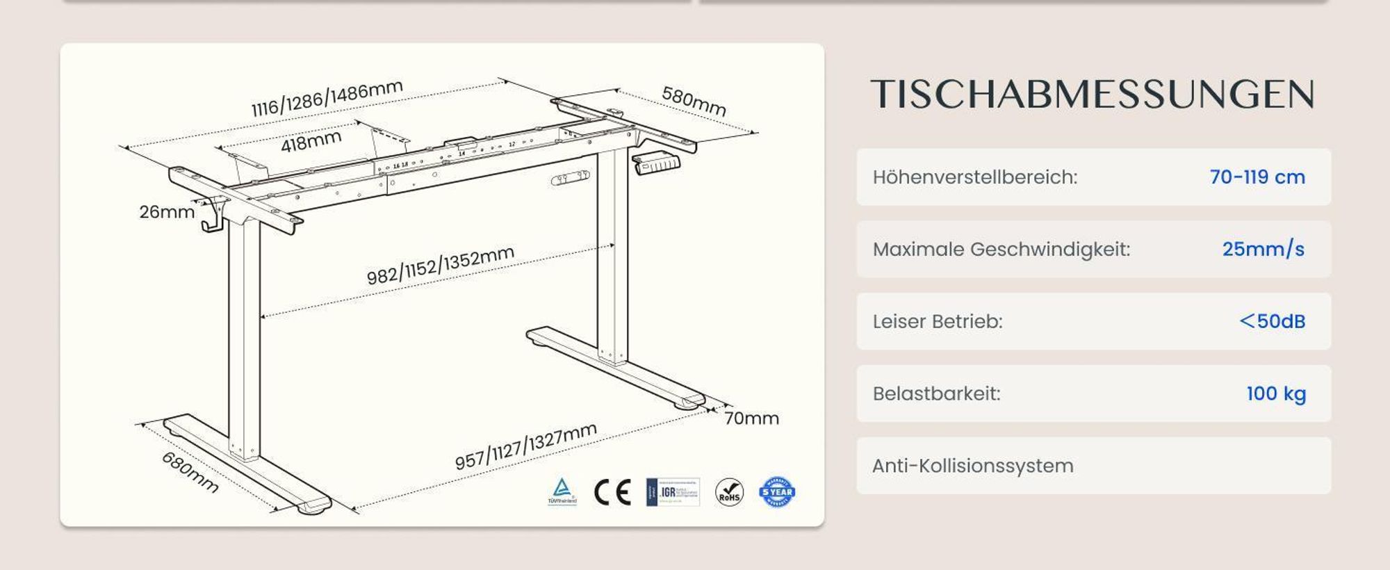FlexiSpot E1 Pro Höhenverstellbarer Schreibtisch, Dualmotor 120 kg Tragkraft 4 Memory-Steuerung Anti-Kollisionsschutz Tischgestell Elektrisch(Schwarz)