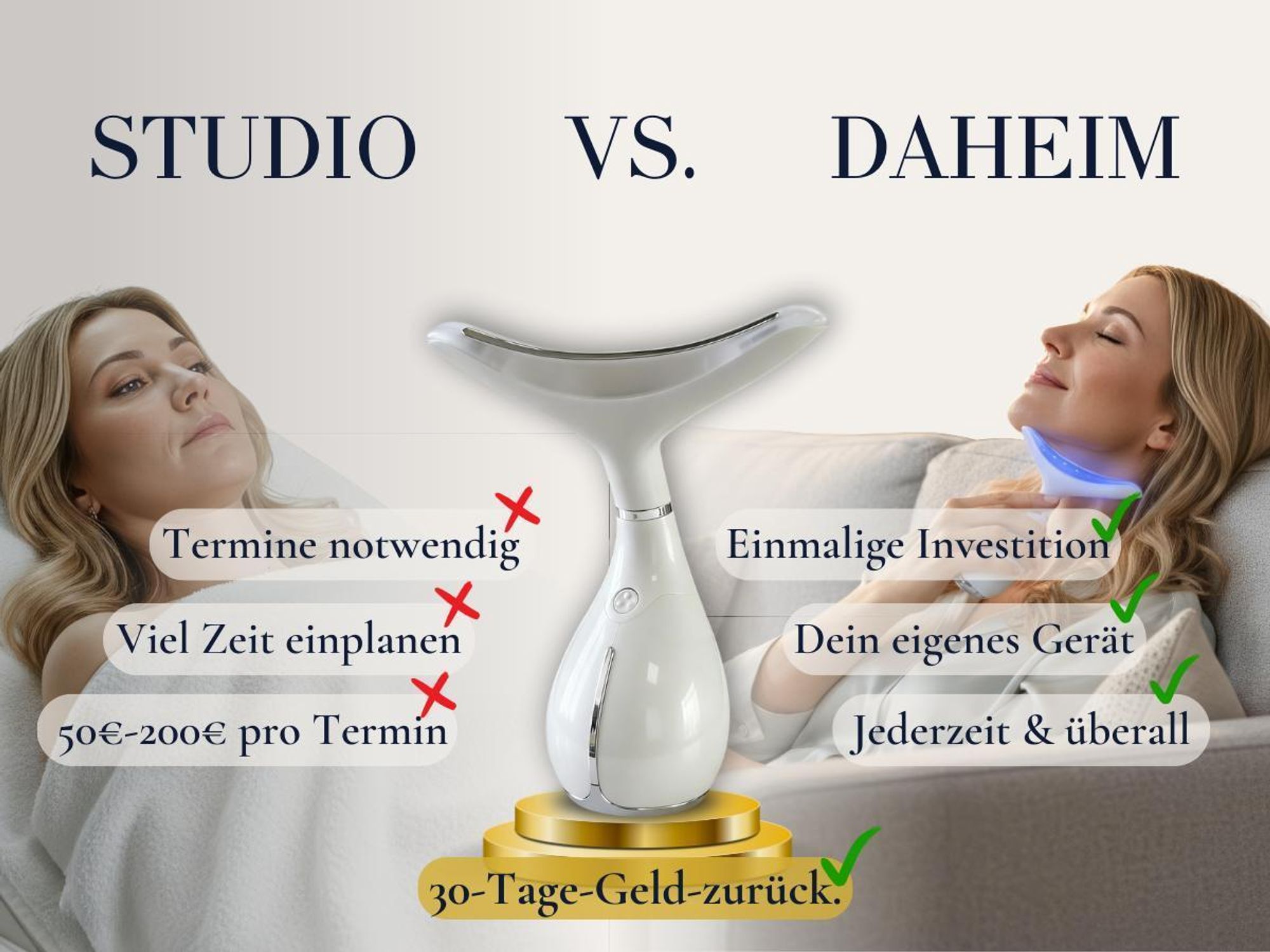 Beauty Deluxe Ultraschall Anti-Aging Gesichts- & Halsmassagegerät mit 3-fach Lichttherapie | Faltenreduktion & Hautstraffung, Lymphdrainage, Face Lift