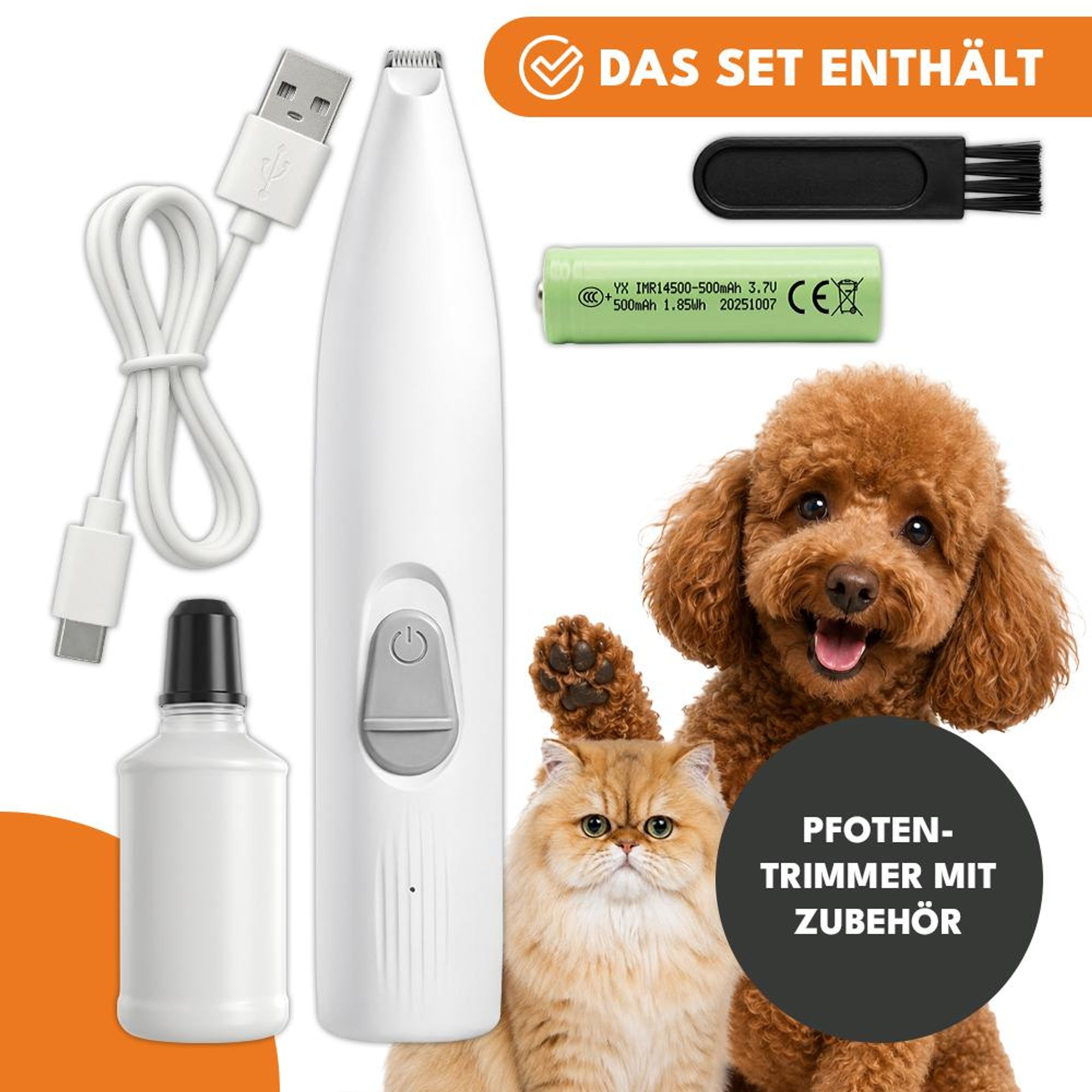 KRUMAD Pfotentrimmer, LED Tierhaarschneider  für Hunde & Katzen, mit Keramikklinge, Akku Hundeschermaschine für Pfotenpflege, 500 mAh