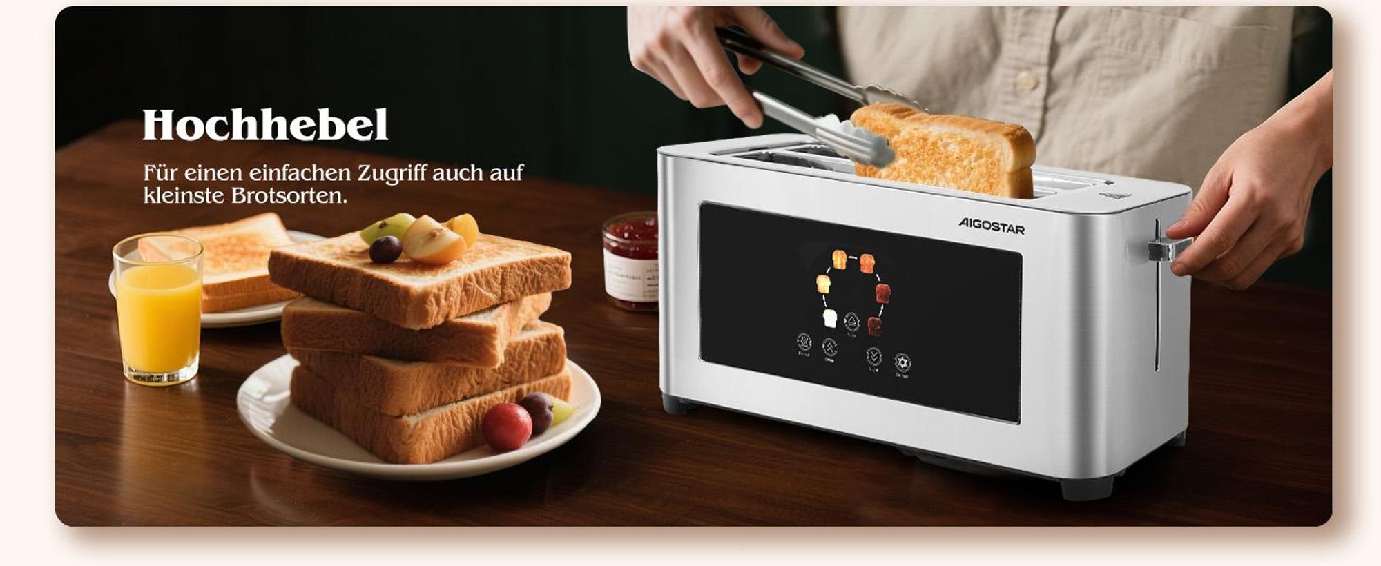 Aigostar Toaster 2/4 Scheiben, 6 Bräunungsstufen, LED-Touchscreen, Toaster Langschlitz , 2 lange Schlitze, 1400 W Brotzentrierung, Edelstahl
