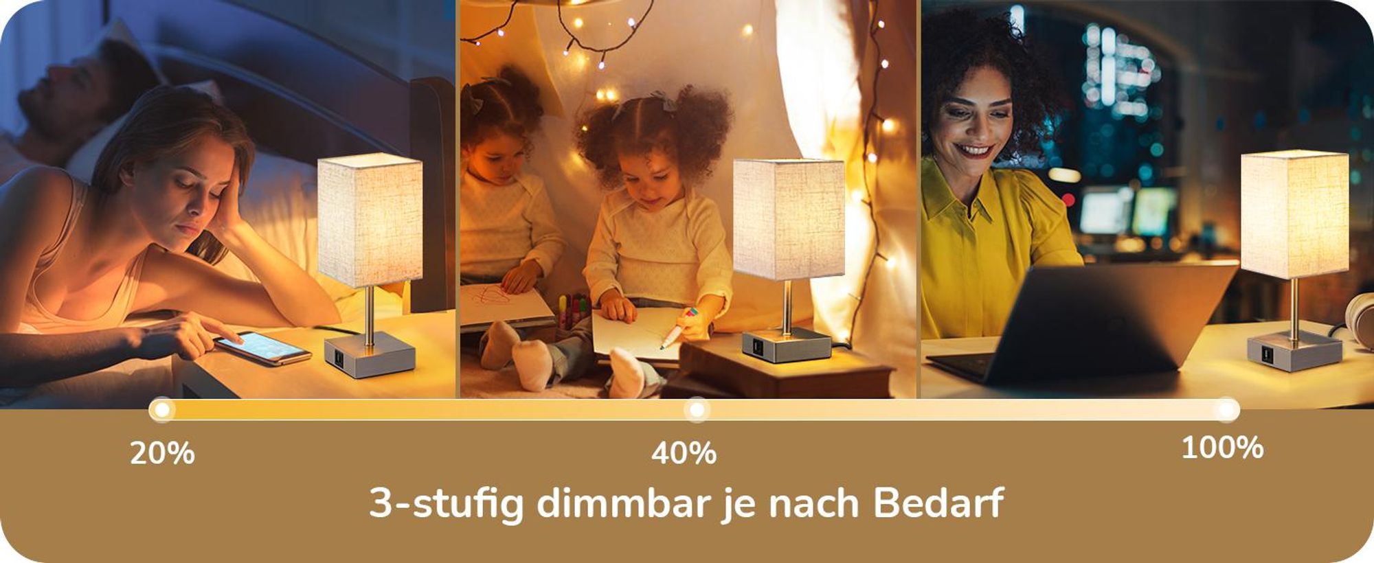 EDISHINE 2er Set Nachttischlampe Touch Dimmbar, Tischlampe mit Ladefunktion,2 USB Anschlüsse