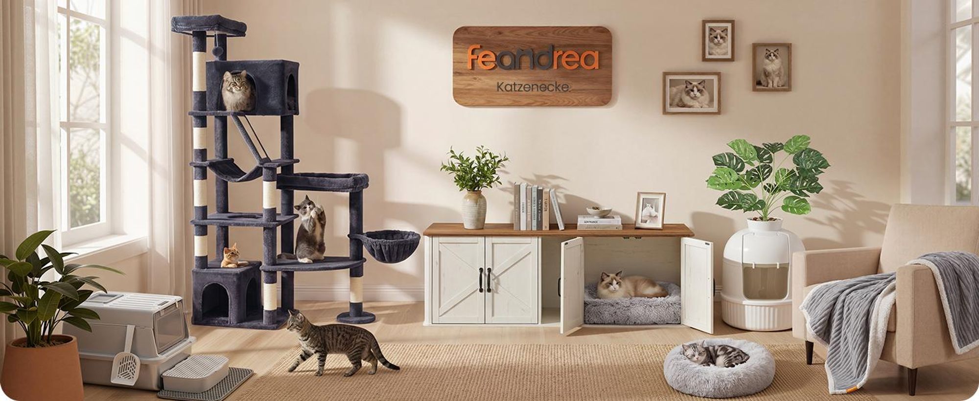 FEANDREA Kratzbaum für Große Katzen, Stabil mit 6 Ruhebereichen und Sisalstämmen, 105 x 45 x 188 cm, Grau