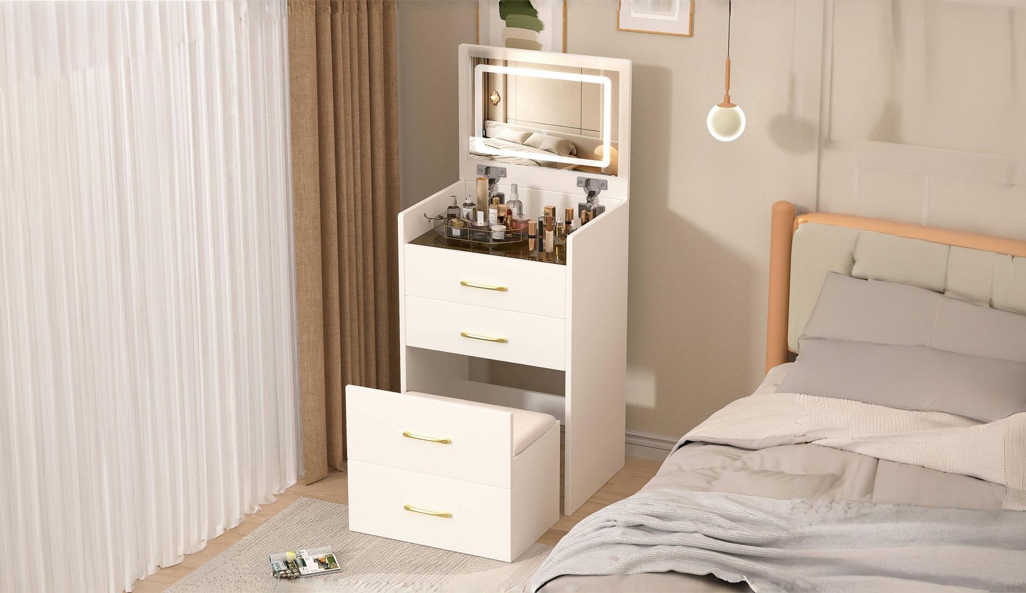 okwish 3-in-1 Schminktisch mit aufklappbarer Spiegel und Hocker,Kosmetiktisch mit 3 Schubladen,Schminkkommode,Viel Stauraum,Weiß