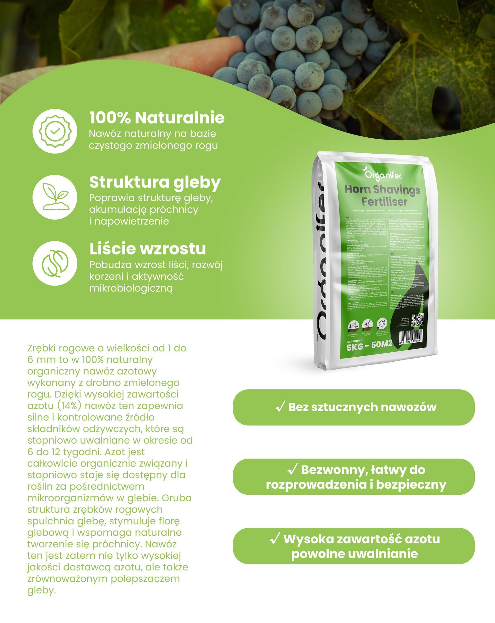Wióry rogowe 1-6 mm Nawóz azotowy organiczny (5 kg na 50 m2) - Organifer