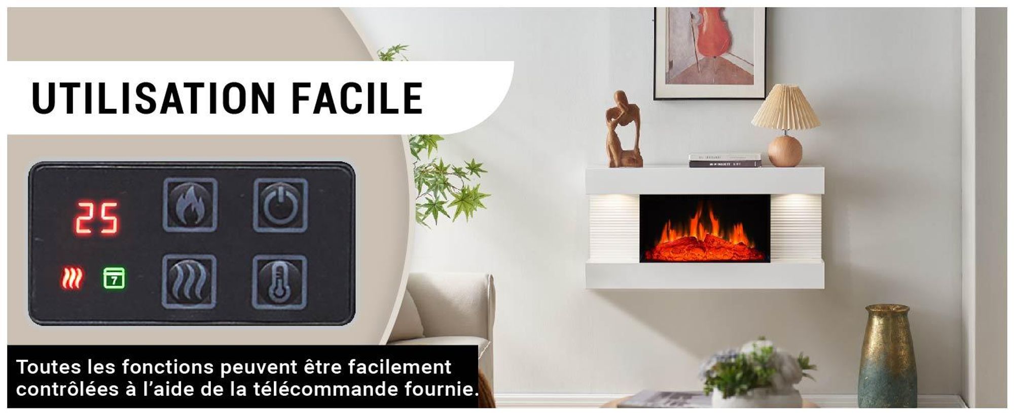 Cheminée électrique BALDERIA Ida – Cheminée murale - Blanc
