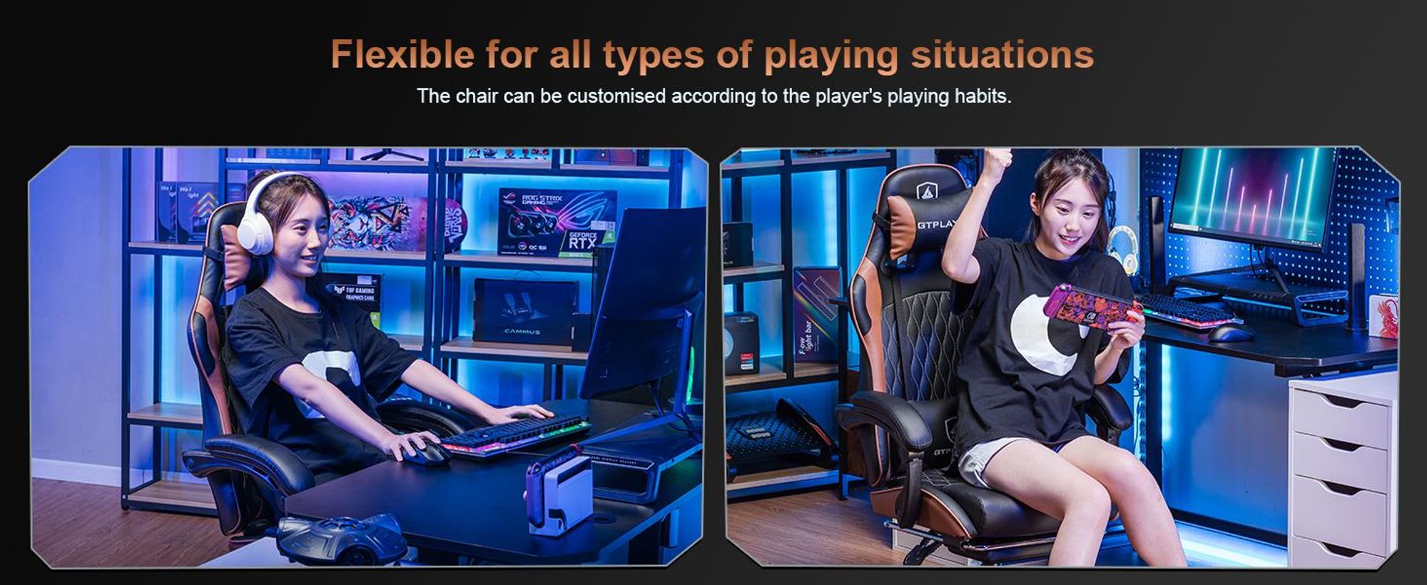 GTPLAYER Herná stolička Gamer Chair, ergonomická kancelárska stolička s podnožkou, herné kreslo s nosnosťou 150 kg, opierkou hlavy a bedrovou opierkou hnedá