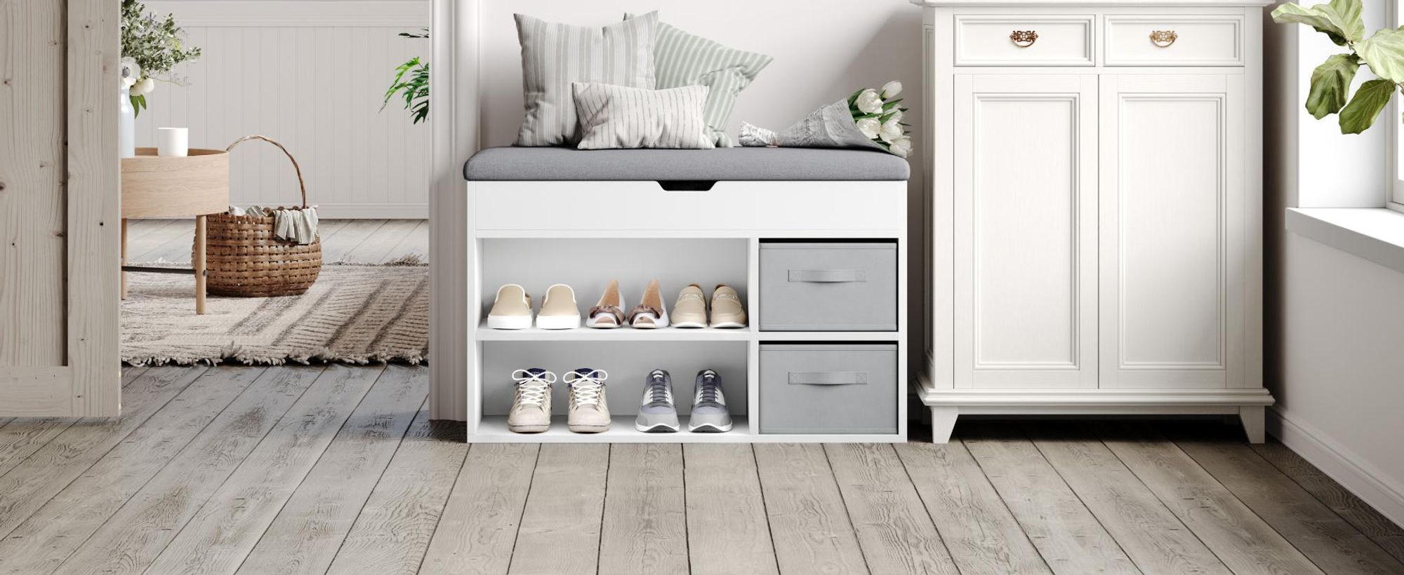 Mondeer Schuhbank mit Sitzfläche, Holzschuhablage mit Stoffschublade und Aufklappbarem Kissen, für Wohnzimmer, 80 x 48 x 30 cm, Weiß