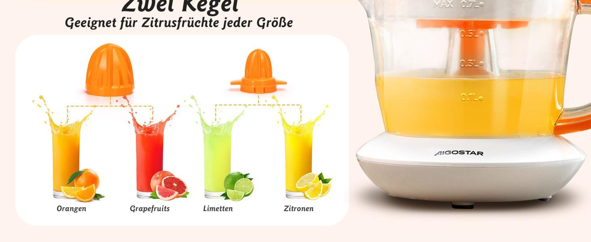 Aigostar Orangenpresse, Zitruspresse, Entsafter Saftpresse Elektrisch 2 Kegel, Orangenpresse, Zitruspresse , 40W, Hohe Saftausbeute, Tropfsicherer