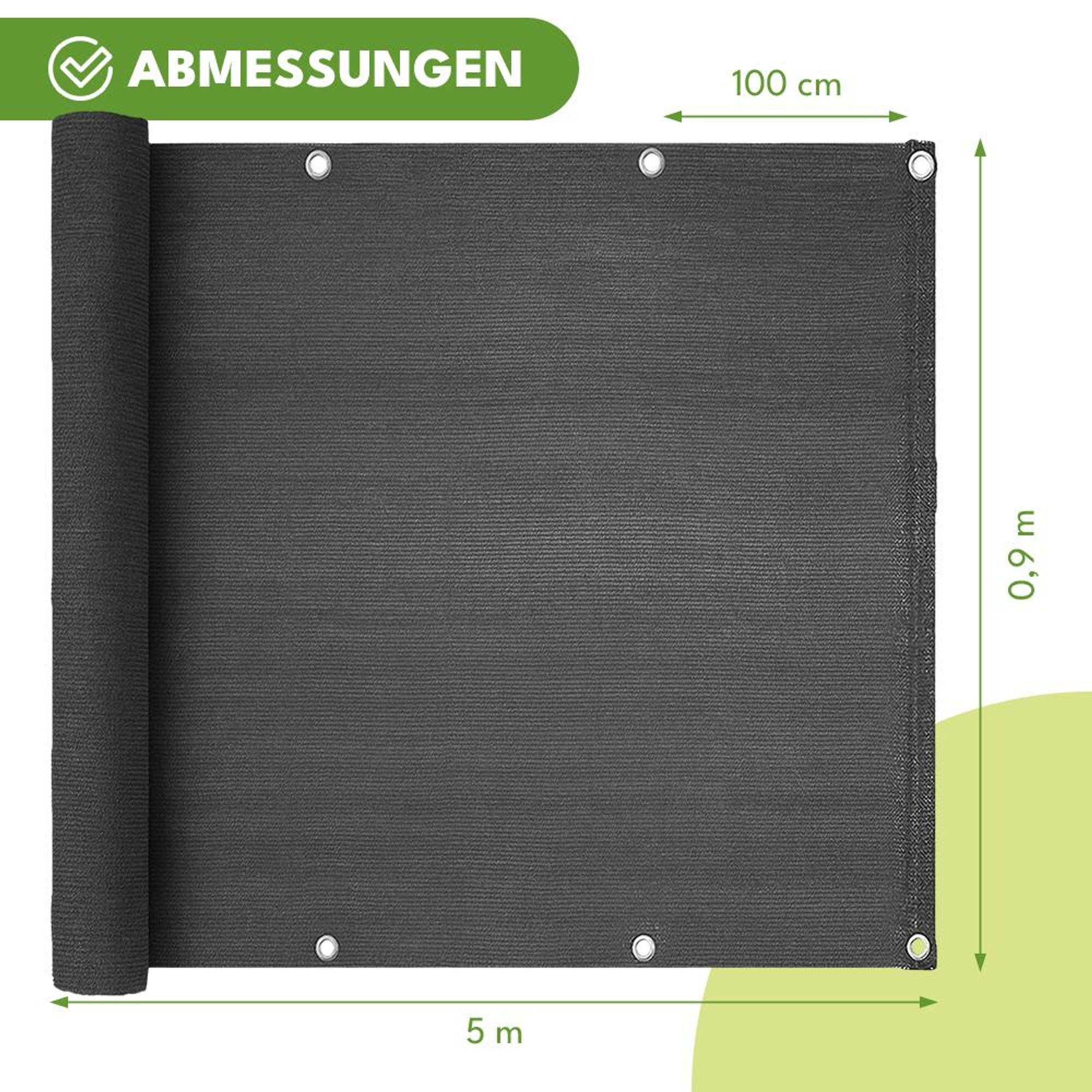 KRUMAD Balkon Sichtschutz 0,9m x 5m Wetterfest 95% Schattierung Schattierung 180g/m² PEHD UV- & Windschutz, Schnur Anthrazitgrau