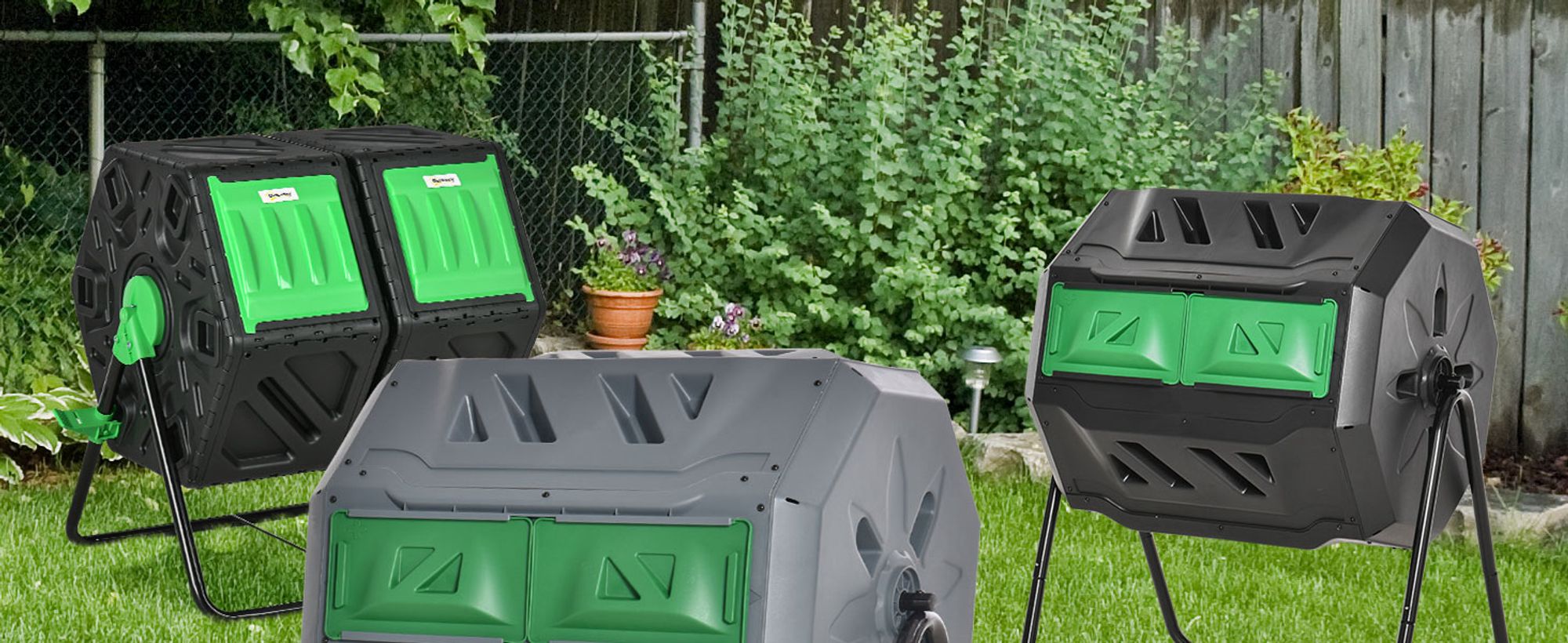 Outsunny Trommel-Komposter, 160L Gartenkomposter mit 2 Kammern, Drehbarer Schnellkomposter, für - und Garten-Abfälle, Grau