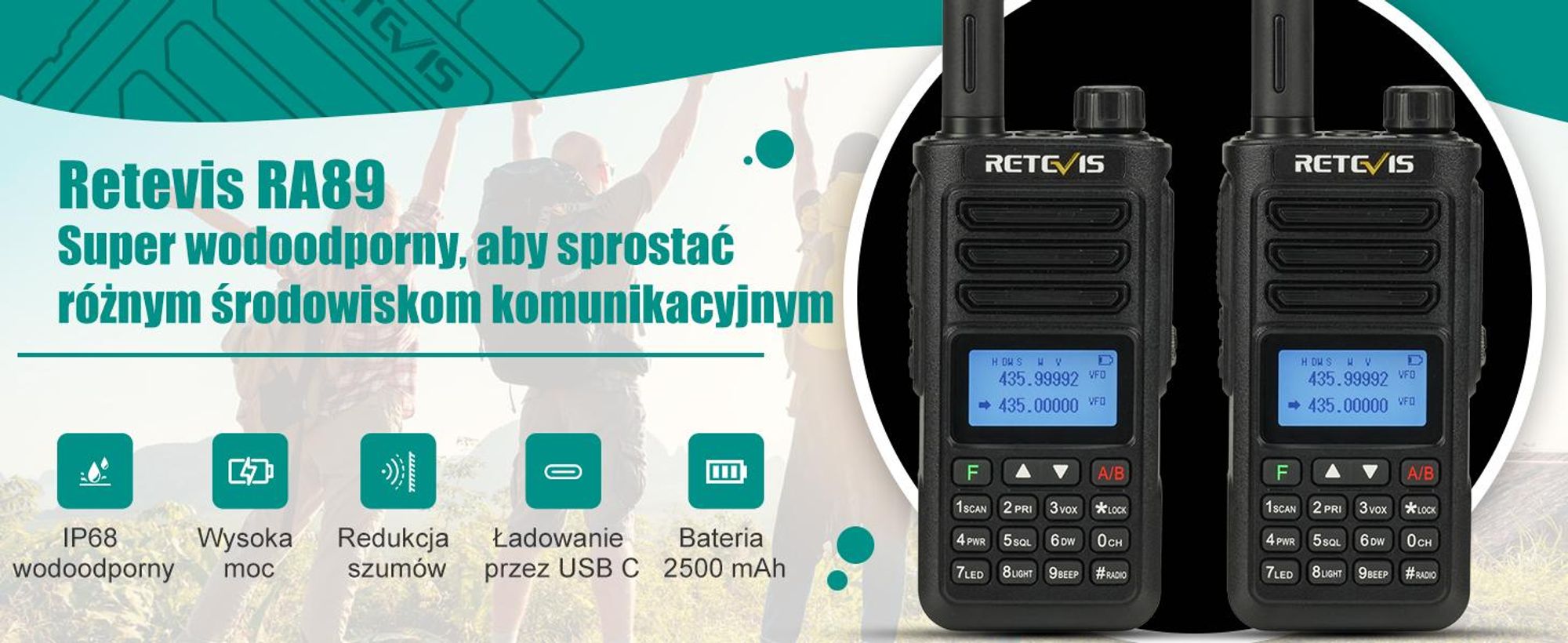Radiotelefon amatorski Retevis RA89, duża moc, wodoodporność IP68, dwuzakresowy, VFO, akumulator 2500 mAh, ładowalne walkie-talkie typu C (2 szt., czarny)