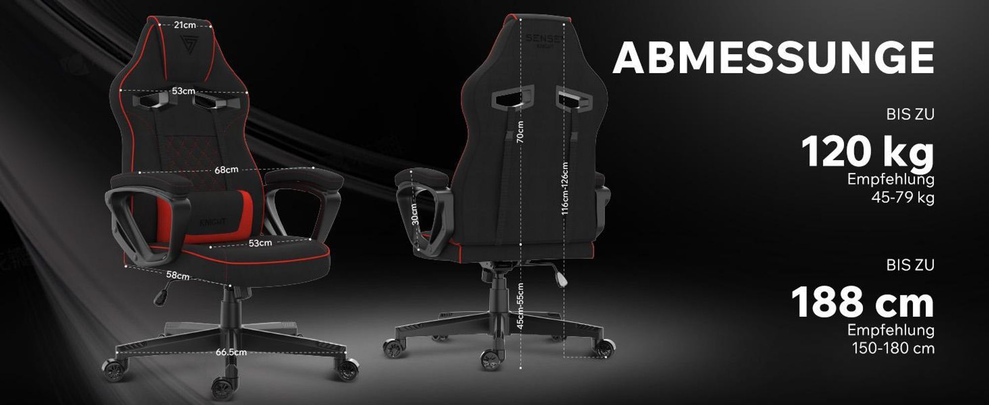 SENSE7 Knight Gaming Stuhl aus Stoff Schwarz-Rot - Ergonomischer Bürostuhl Schreibtischstuhl Stoff Computerstuhl Gamer Racing Stuhl 120 kg