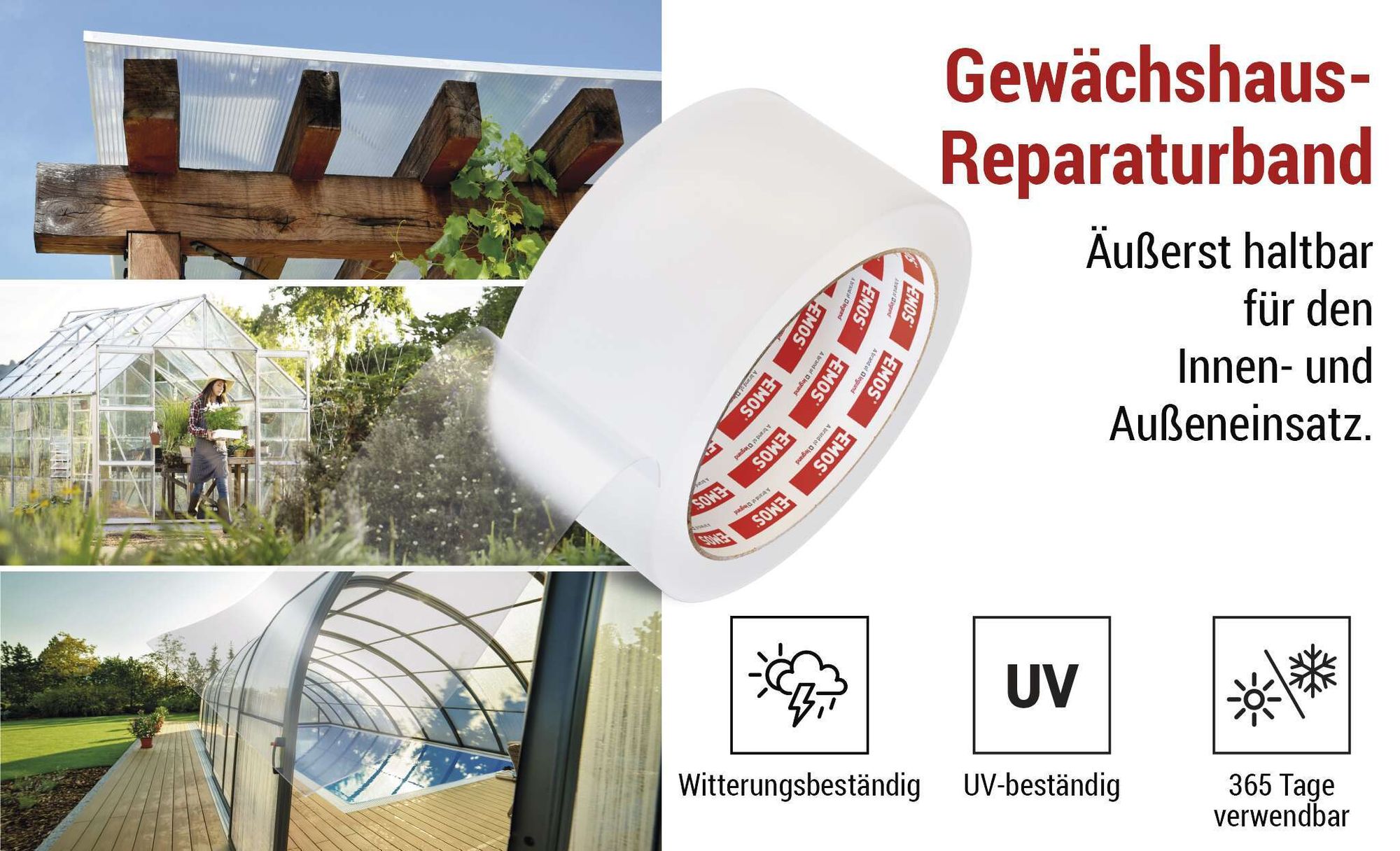 EMOS Glas-Reparaturband, transparentes Flickband 5cm x 250cm für ganzjährlichen Einsatz, stark haftend zum Abdichten von Glas- und Polykarbonat, F6200