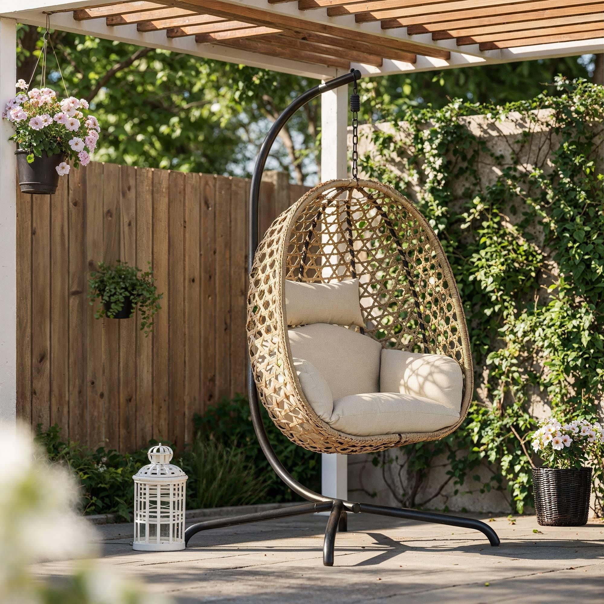 di volio Hängesessel SOMI mit Gestell - braun, Hängesessel Outdoor aus PE-Rattan mit Stahlgestell, wetterfest & bequem