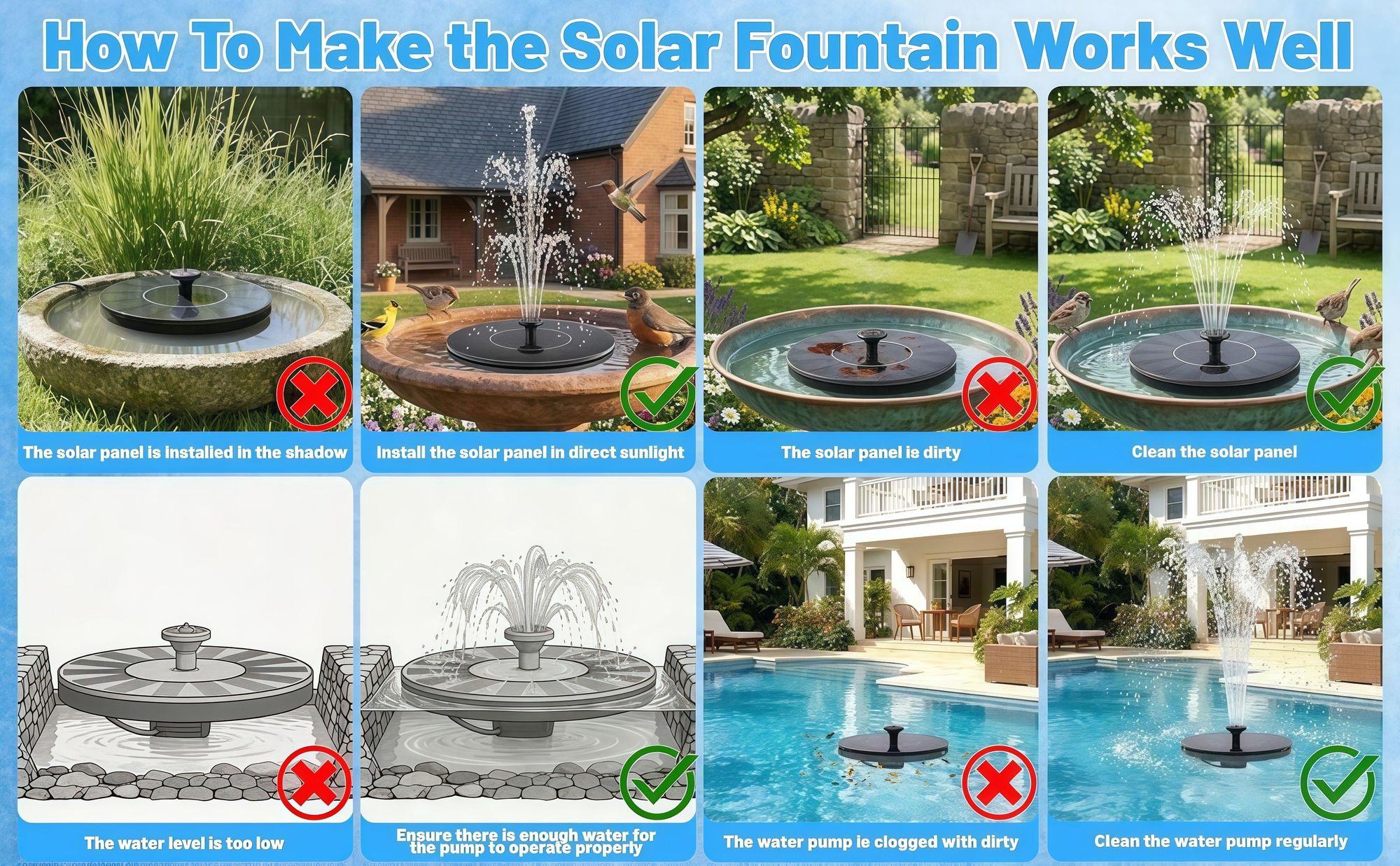 1.4w Solar Springbrunnen,DIY Gartenbrunnen Wasserpumpe mit 6 Düsen,200L/H Wasserdurchfluss,Anti-Blockier-Technologie,Wasserspiel Fontäne,Solar Pumpe