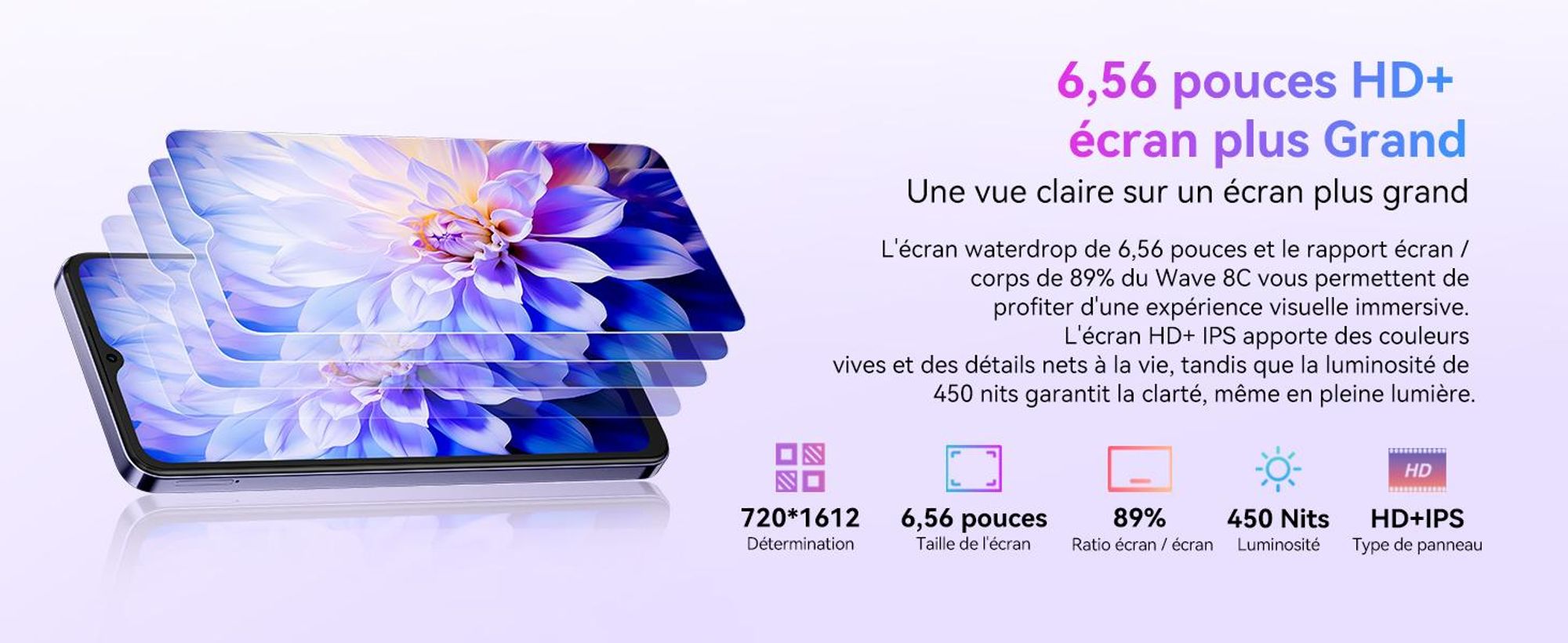 Blackview Wave8C 6,56" sans contrat Smartphone 6GB+64GB, Dual SIM 4G mobile, 4700mAh batterie, Fingerprint/Face ID/GPS/5G WiFi, bleu