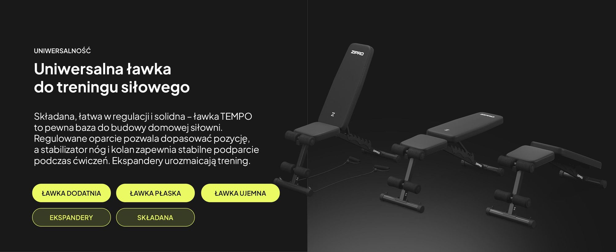 Ławka do ćwiczeń Zipro Składana Tempo – regulowana ławka treningowa do użytku domowego Ławka skośna Ławka ujemna z ekspanderami Obciążenie 230 kg Idealna do hantli