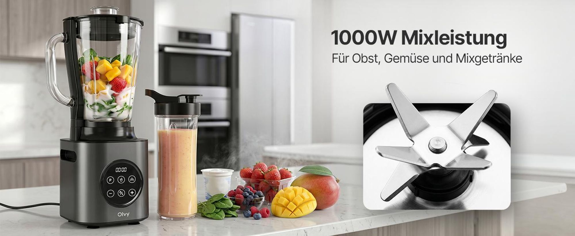 Olvy Standmixer 1000W mit 1,5L Glasbehälter & 600ml Tritan-Becher, 9 Stufen, Pulse, Ice-Crusher, Smoothie- & Milchshake-Funktion