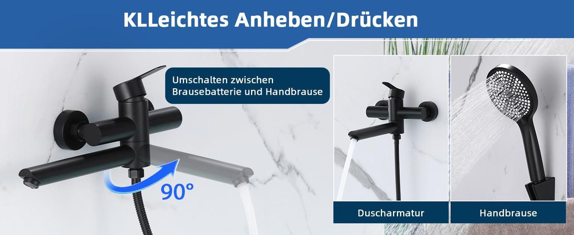 ZMH Badewannenarmatur Schwarz Wannenarmatur mit 3 Funktionen Handbrause Klassisch Set Amaturen Wasserhahn für Badewanne Bad