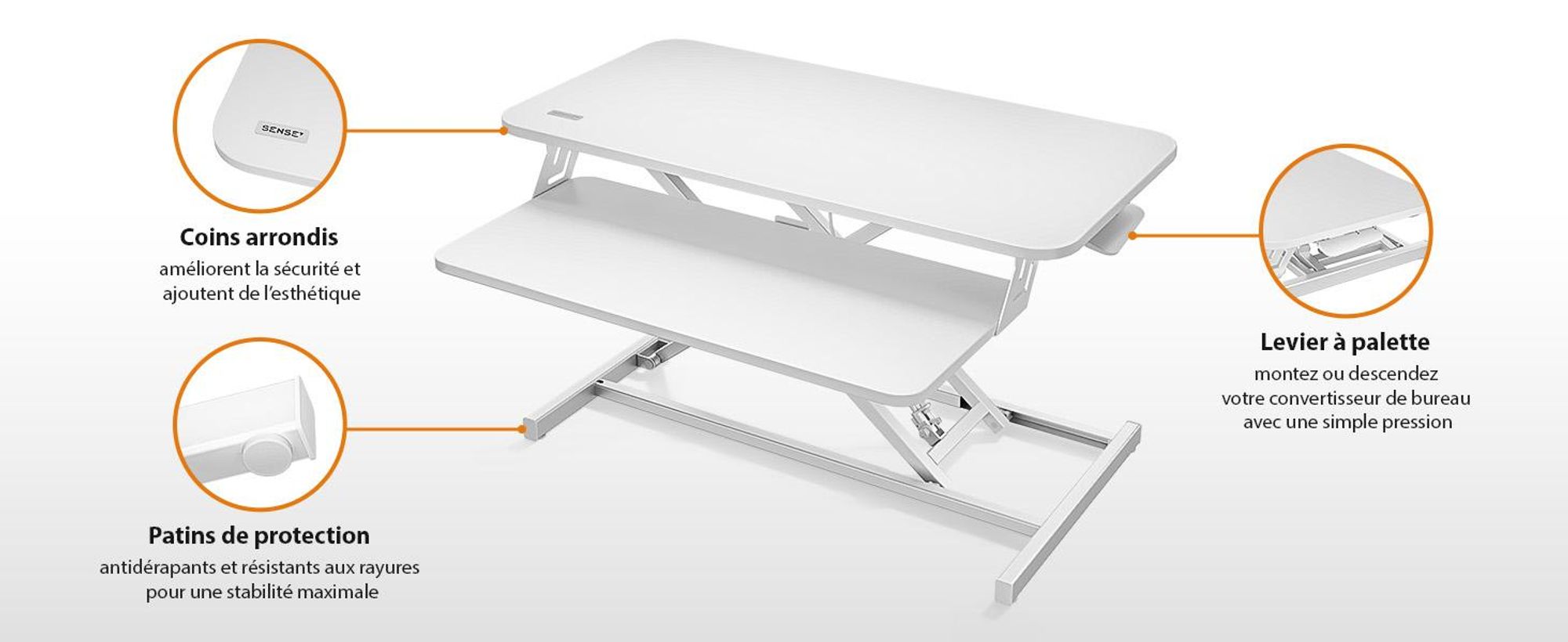 SENSE7 Convertisseur de bureau blanc - Support de bureau ergonomique - Réglable en hauteur - Poste de travail assis-debout - 81 x 40 cm - Pupitre de bureau - Support d'écran jusqu'à 13 kg