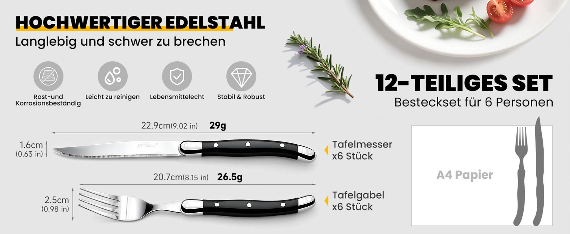 Besteck Set 6 Personen,12-tlg Steakbesteck,Edelstahl Besteckset,Cutlery Set mit 6 Steakmesser und 6 Gabeln,Essbesteck