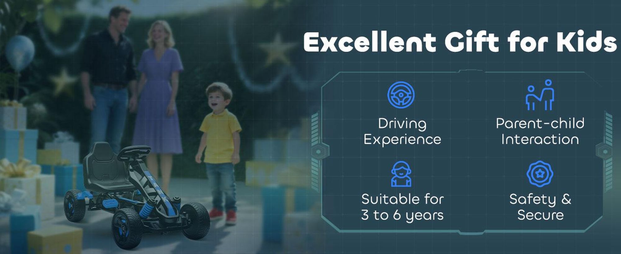 Gokart na pedały AIYAPLAY z hamulcem ręcznym, automatycznym sprzęgłem, biegami do przodu i do tyłu, pojazd na pedały z antypoślizgowymi kołami EVA, pojazd dziecięcy, gokart na pedały dla dzieci w wieku 3-6 lat, niebieski